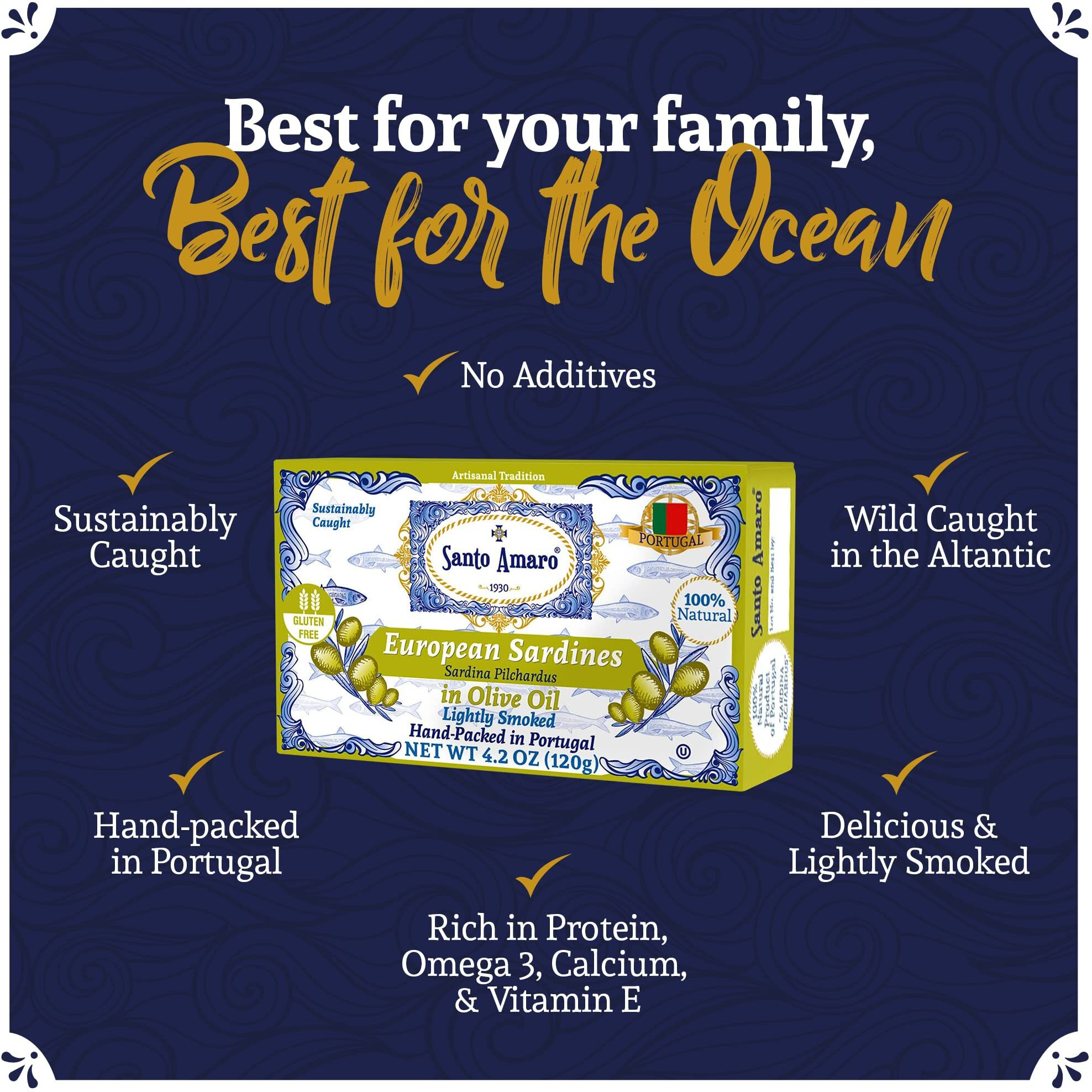 Santo Amaro - Authentic European Sardines In Olive Oil, Hand-Packed Canned Sardines From Portugal, Wild Caught Sardines In Virgin Olive Oil, Lightly Smoked, 20G Protein, Keto, Paleo, Dash, Pack Of 6