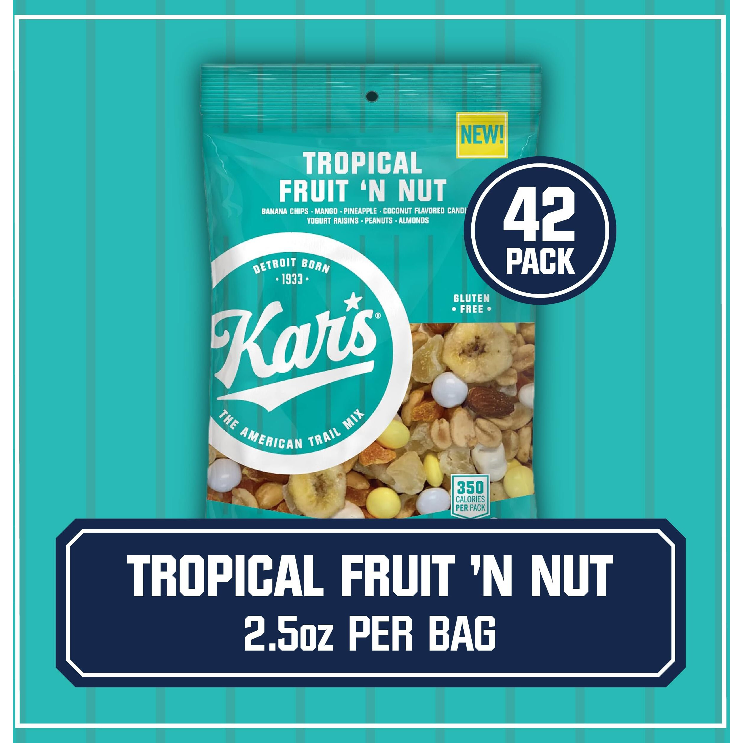 Kars Nuts Tropical Fruit N Nut Trail Mix, 2.5 Oz Individual Snack Packs - Bulk Pack Of 42, Gluten-Free Snacks