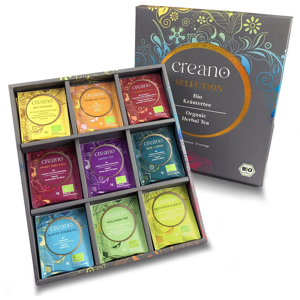 Creano Organic Herbal Tea Sampler Gift Set - Tea Gift Box - 27 Organic Tea Bags In 9 Different Varieties 54 G