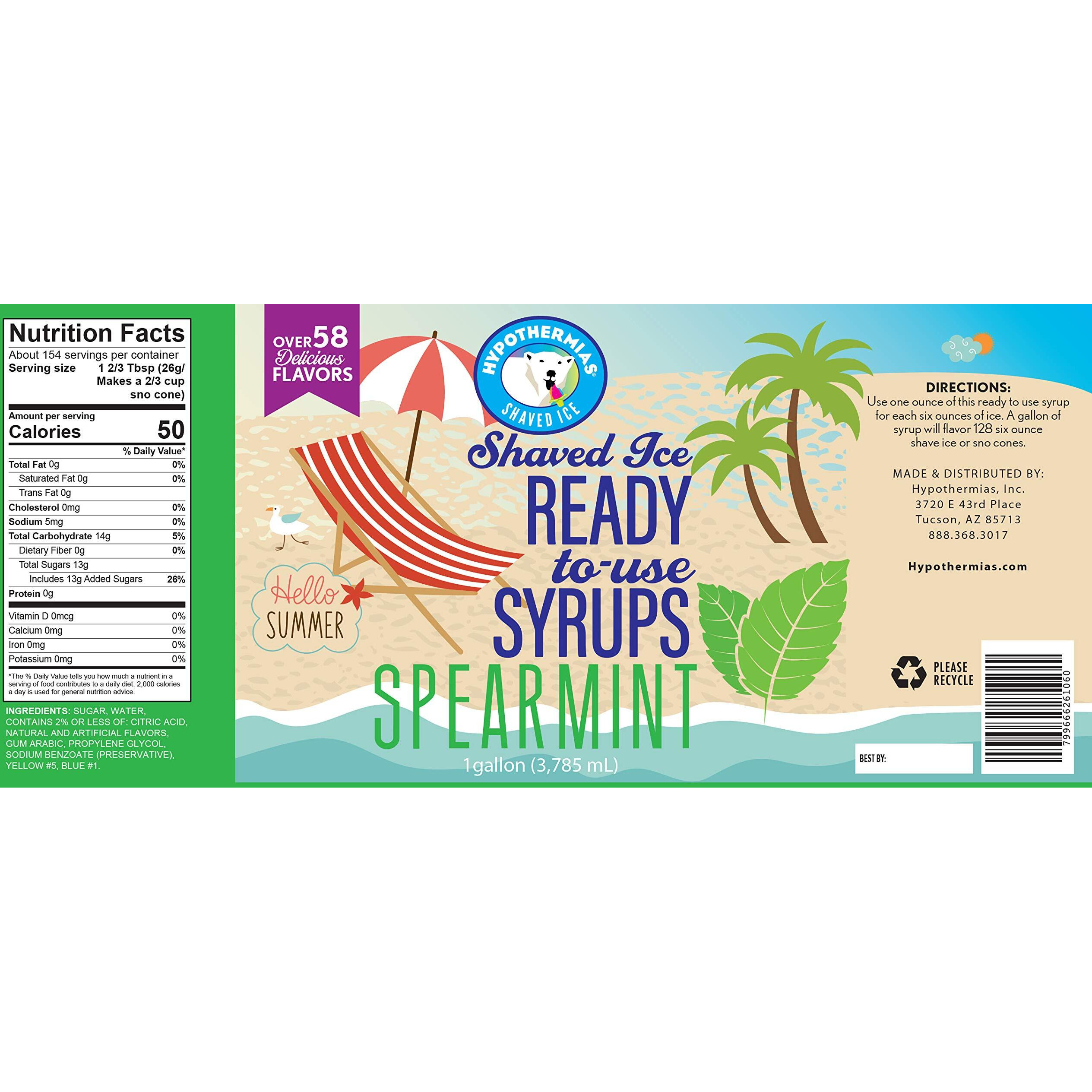 Hypothermias Spearmint Ready To Use Gallon (128 Fl. Oz) Hawaiian Snow Cone Flavors Syrup - Shaved Ice, 100% Pure Cane Sugar
