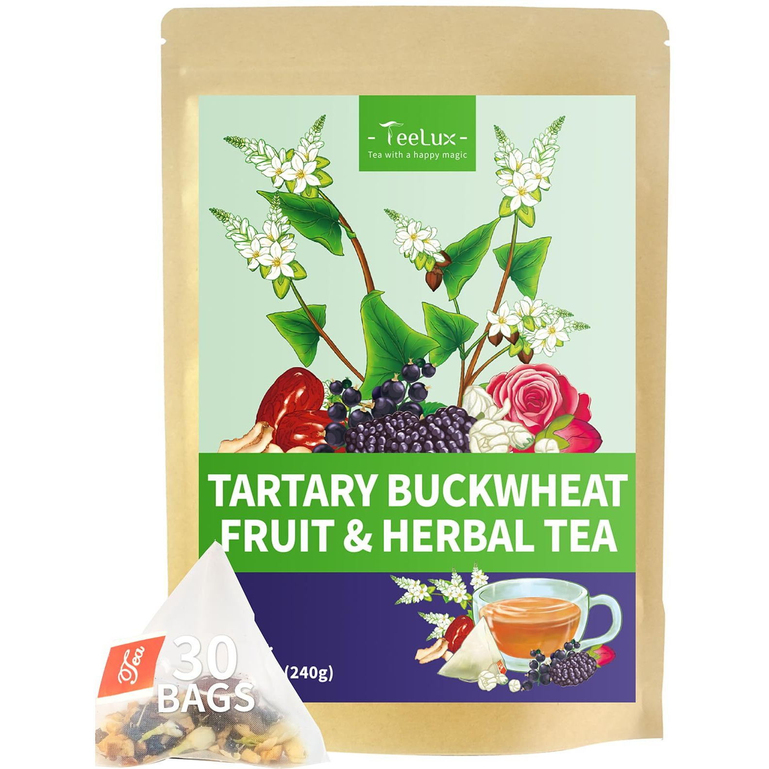 Teelux Rose Blueberry Tea Bags, 8G/Bag, Tartary Buckwheat With Mulberries, Red Dates, Caffeine Free, Floral Aroma & Rich Tartary Buckwheat Aroma, 30 Count