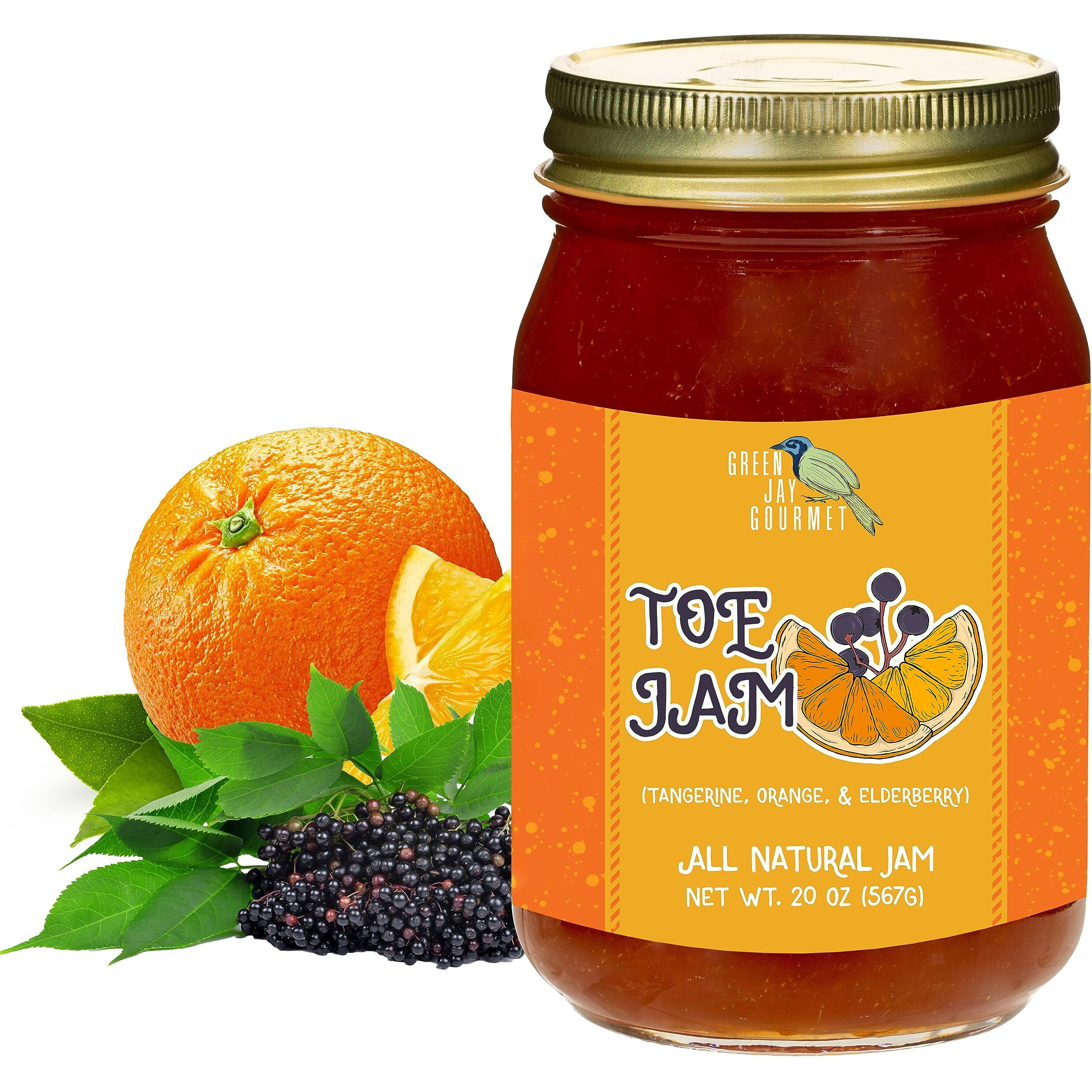 Green Jay Gourmet Toe Jam - All-Natural Fruit Jam - Tangerine, Orange & Elderberry Jam - Vegan, Gluten-Free Fruit Jam - Contains No Preservatives - Elderberry & Orange Jam Made In Usa - 20 Ounces