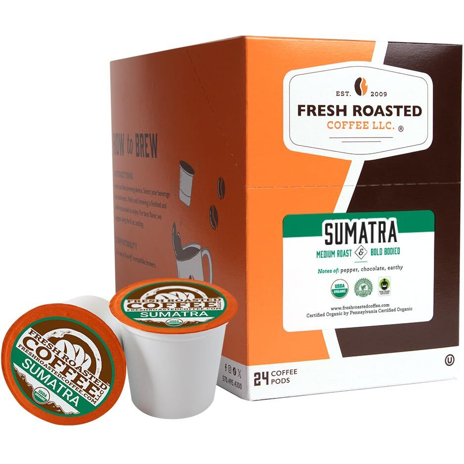 Fresh Roasted Coffee,100% Organic Sumatra | Single Origin | Medium Roast | Rfa Kosher | K-Cup Compatible | 24 Pods