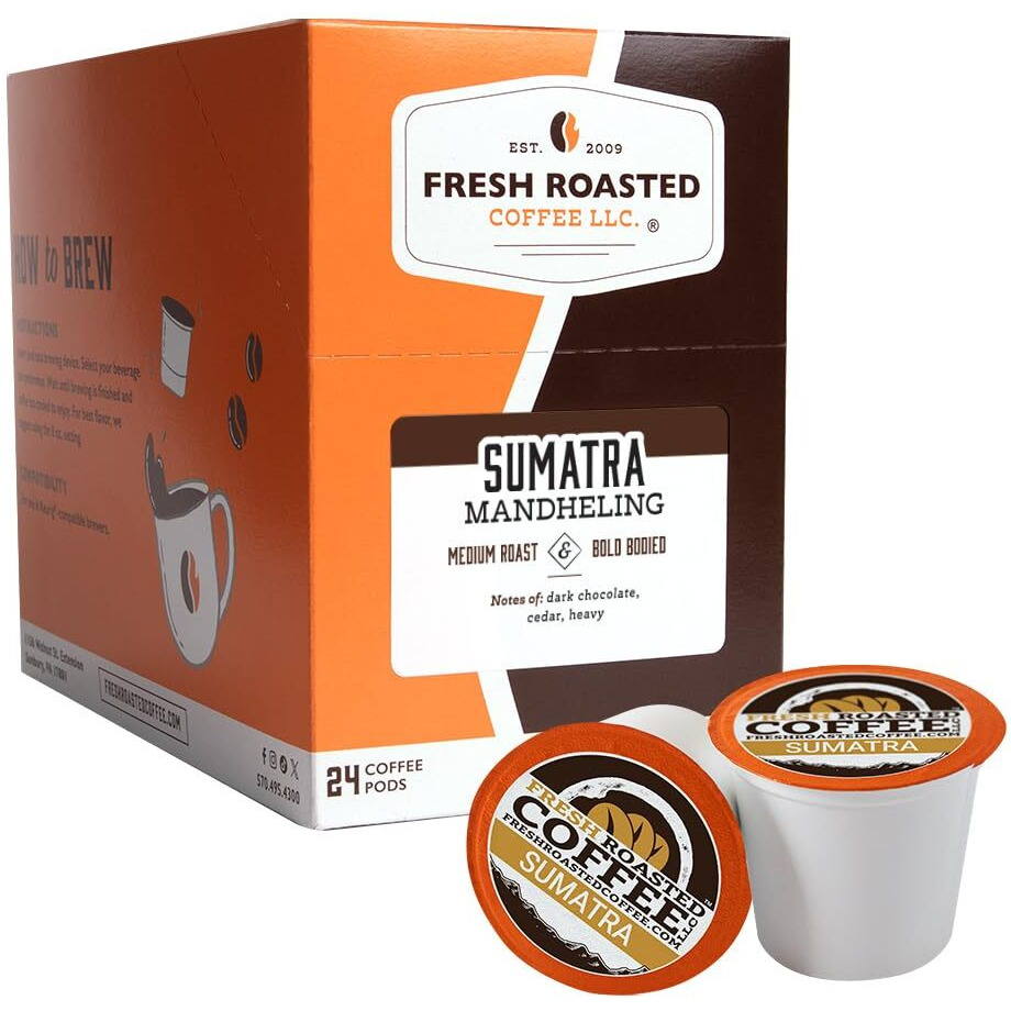 Fresh Roasted Coffee, Sumatra Mandheling | Single Origin | Medium Roast | Kosher | K-Cup Compatible | 24 Pods