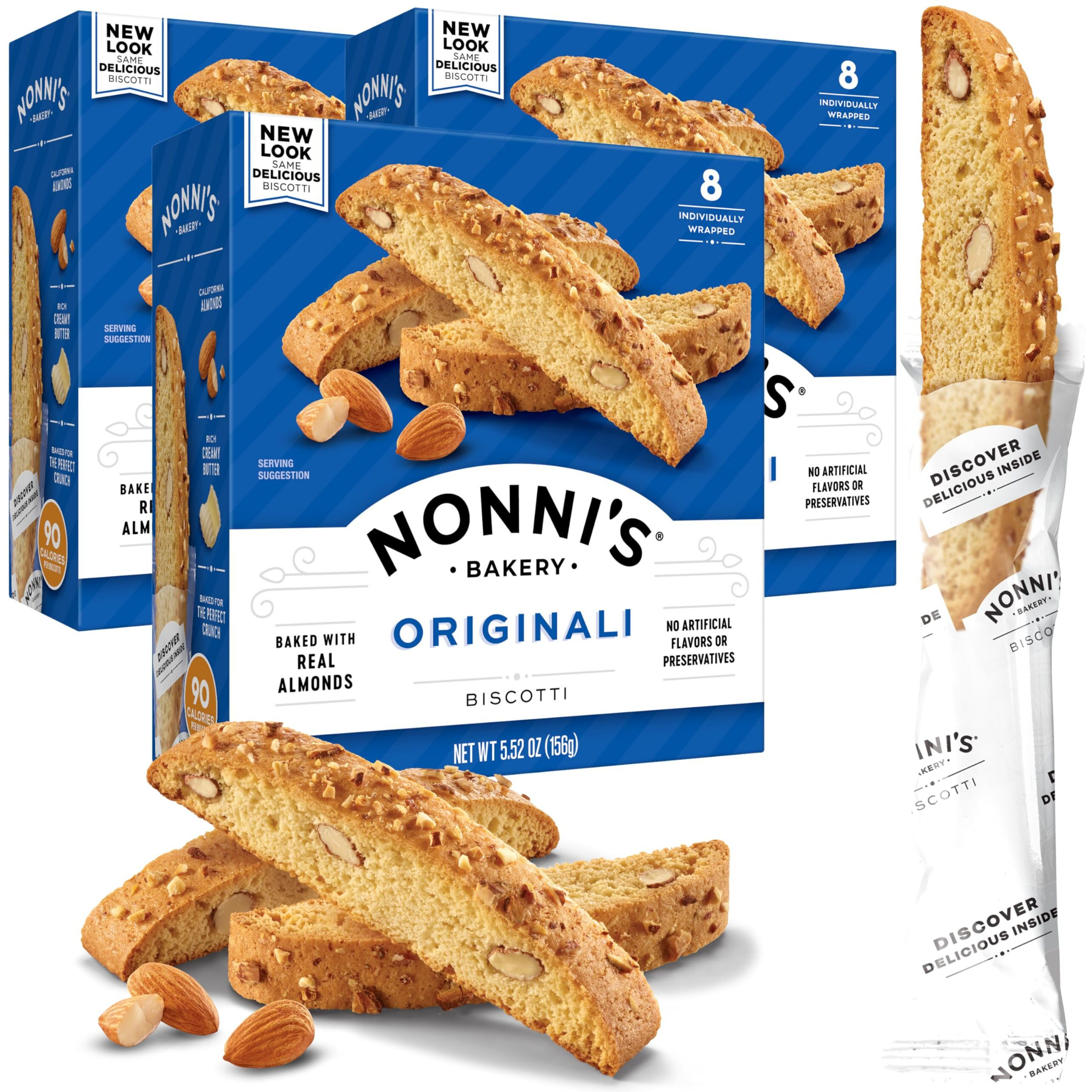 Nonni's Originali Almond Biscotti Italian Cookies - 3 Boxes Biscotti Individually Wrapped Cookies - Italian Biscotti Cookies Baked Fresh W/A Hint Of Anise & California Almonds - Kosher - 5.52 Oz