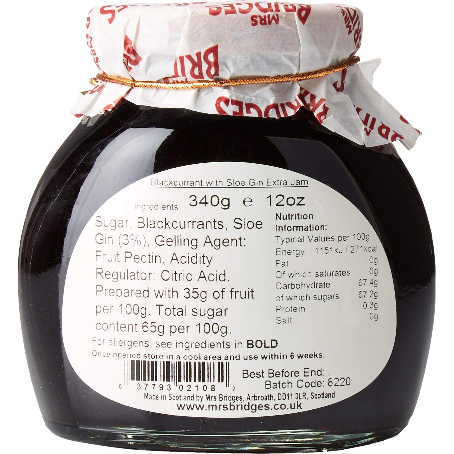 Mrs Bridges Preserve With Sloe Gin, Blackcurrant, 12 Ounce