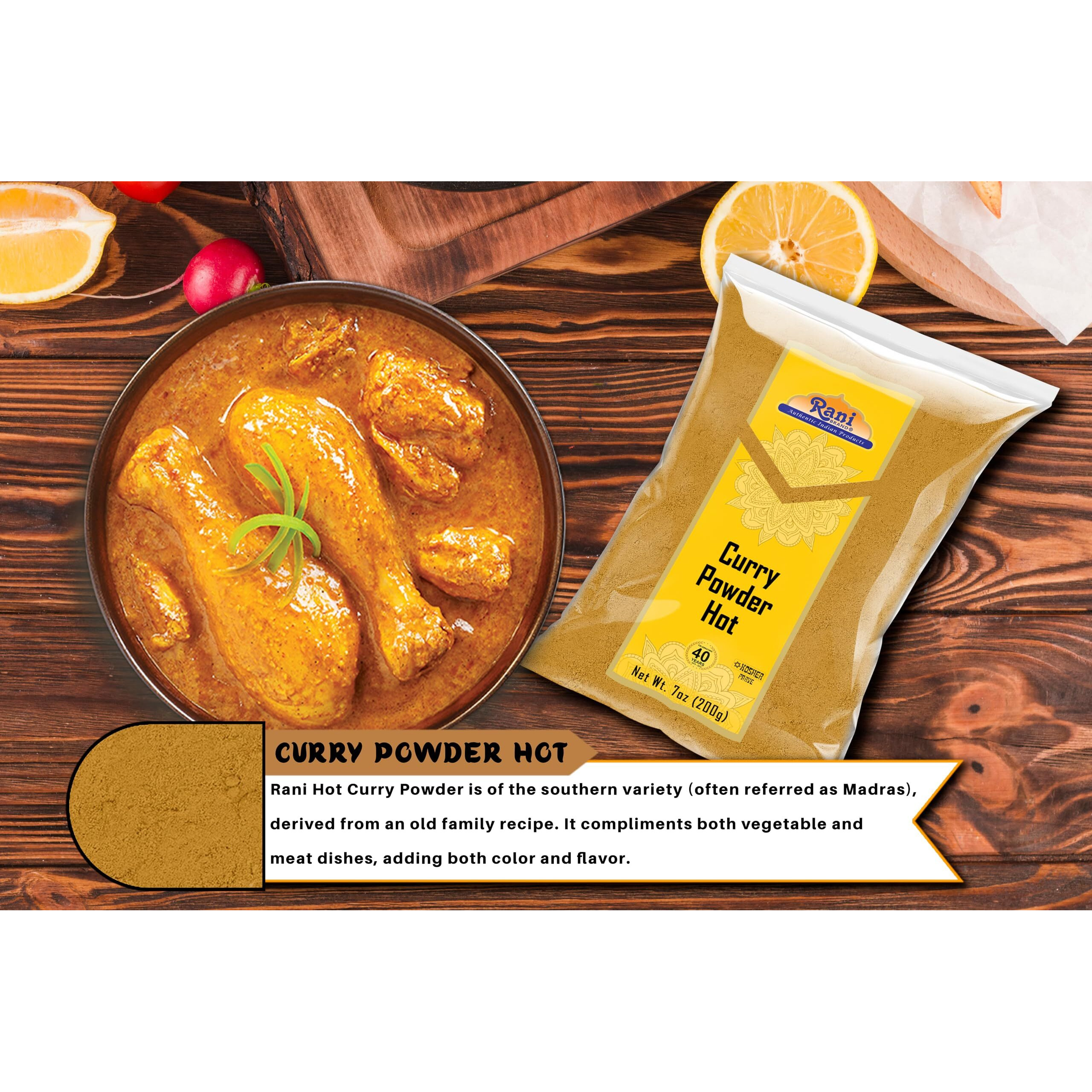 Rani Curry Powder Hot (11-Spice Authentic Indian Blend) 7Oz (200G) ~ All Natural | Salt-Free | Vegan | No Colors | Gluten Friendly | Non-Gmo | Kosher | Indian Origin