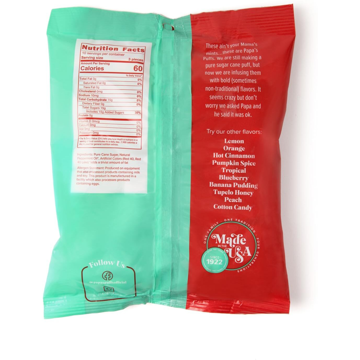 Papa's Puffs Peppermint Flavored Pure Sugar Candy - Individually Wrapped In 5.05Oz Bag - Fat-Free, Gluten-Free, Cholesterol-Free - Manufactured In The Usa