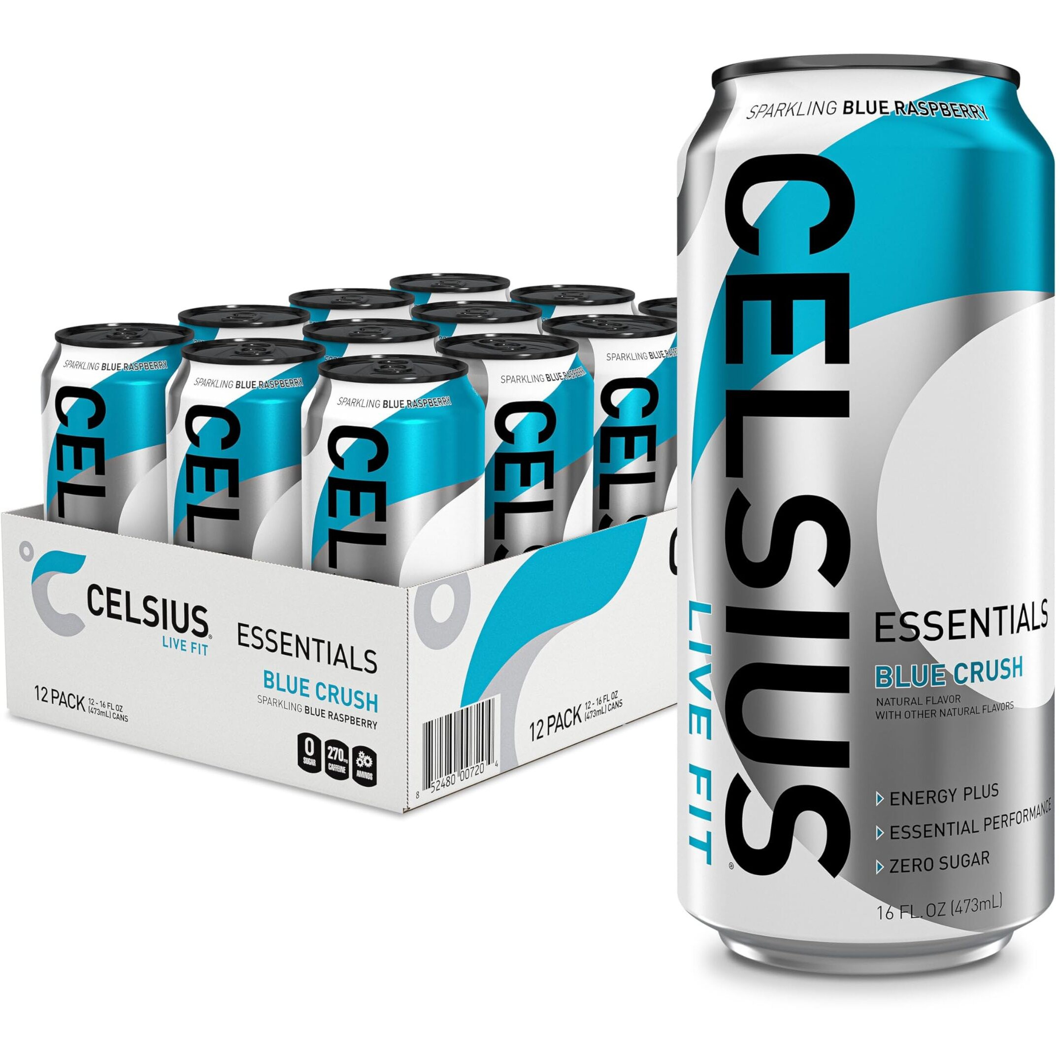 Celsius Essentials, Sparkling Blue Crush, Performance Energy Drink 16 Fl Oz (Pack Of 12)