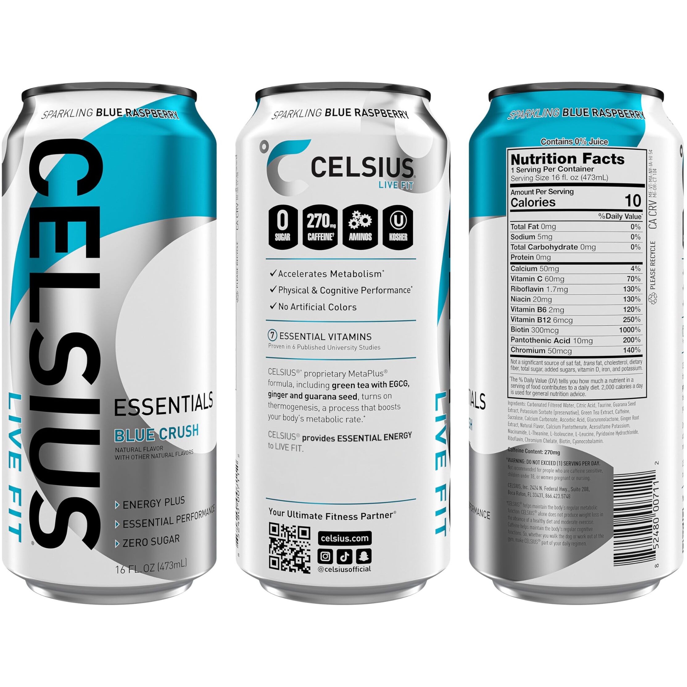 Celsius Essentials, Sparkling Blue Crush, Performance Energy Drink 16 Fl Oz (Pack Of 12)