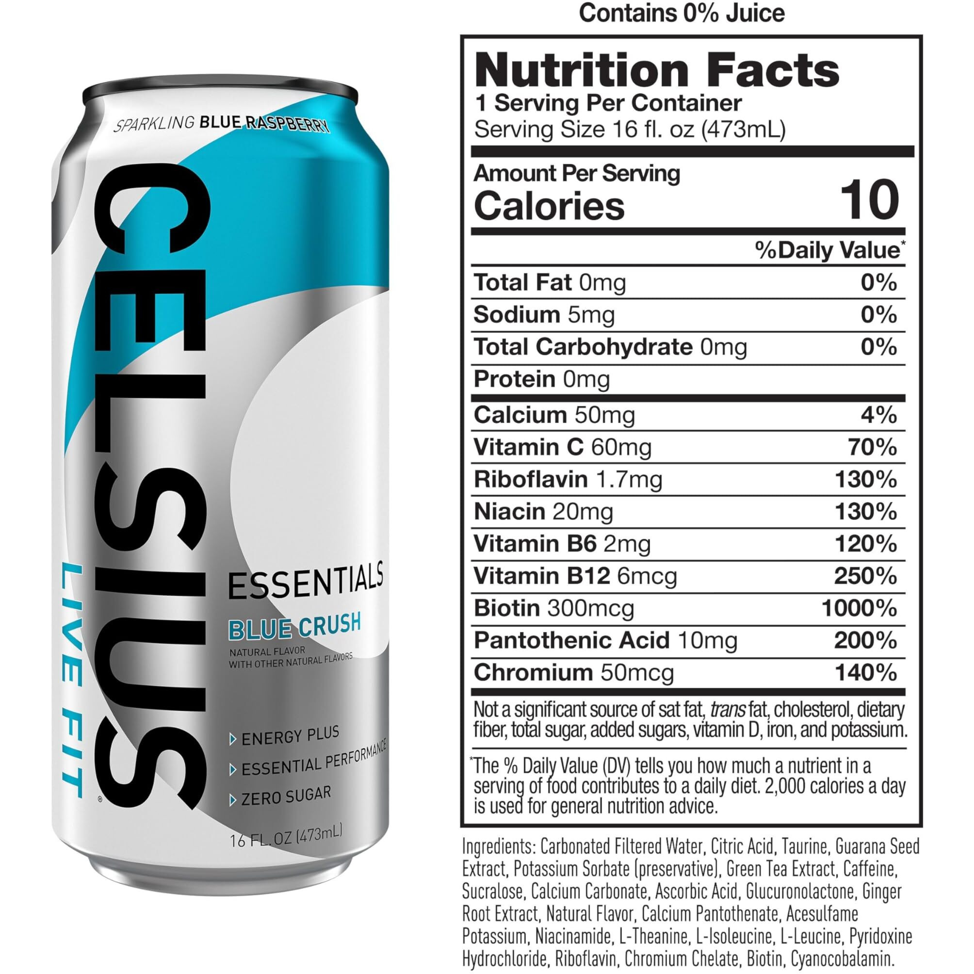 Celsius Essentials, Sparkling Blue Crush, Performance Energy Drink 16 Fl Oz (Pack Of 12)