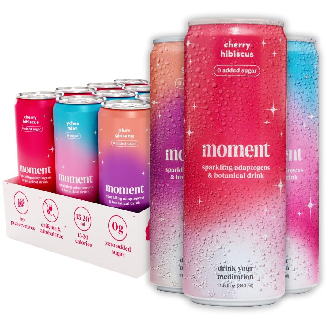 Moment Adaptogen Drink - Sparkling Combo Variety, L-Theanine, Ashwagandha, Ginseng For Focus & Stress Relief, 0 Added Sugar, 0 Alcohol & Caffeine