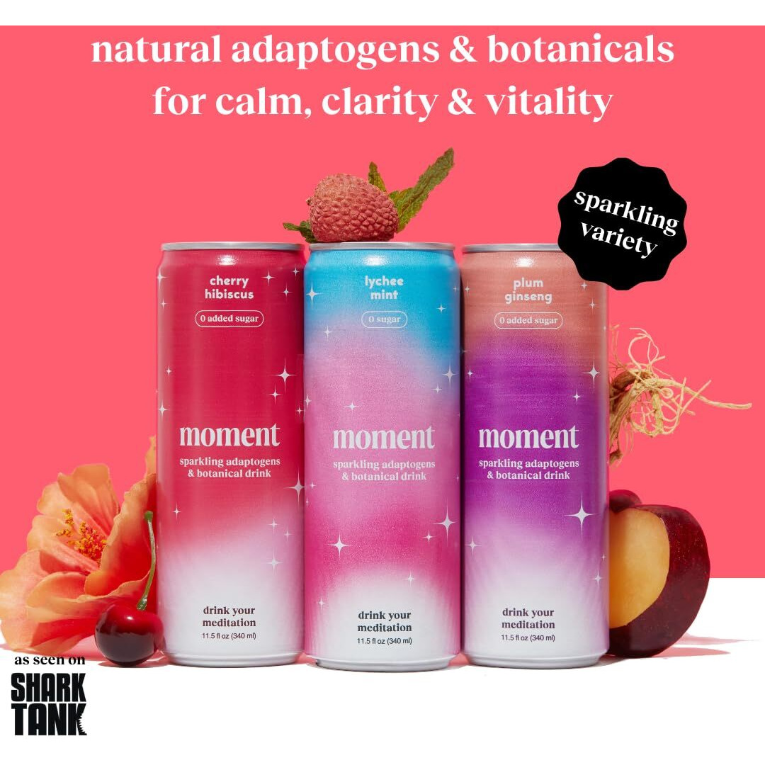 Moment Adaptogen Drink - Sparkling Combo Variety, L-Theanine, Ashwagandha, Ginseng For Focus & Stress Relief, 0 Added Sugar, 0 Alcohol & Caffeine