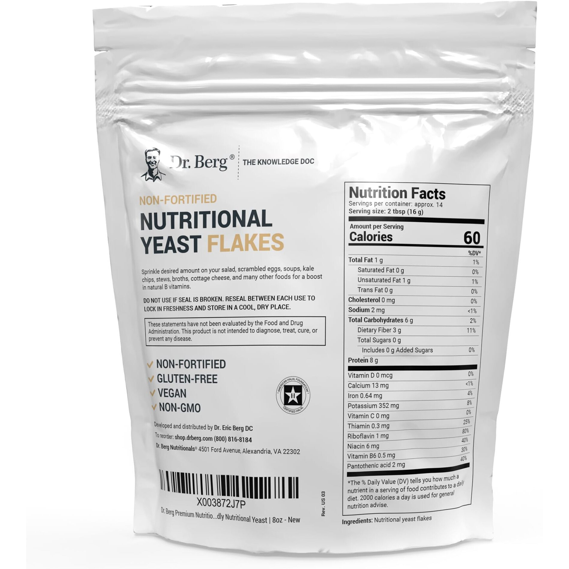 Dr. Berg Premium Nutritional Yeast Flakes - Delicious Non-Fortified Nutritional Yeast With Naturally Occurring B Vitamins - 8Oz