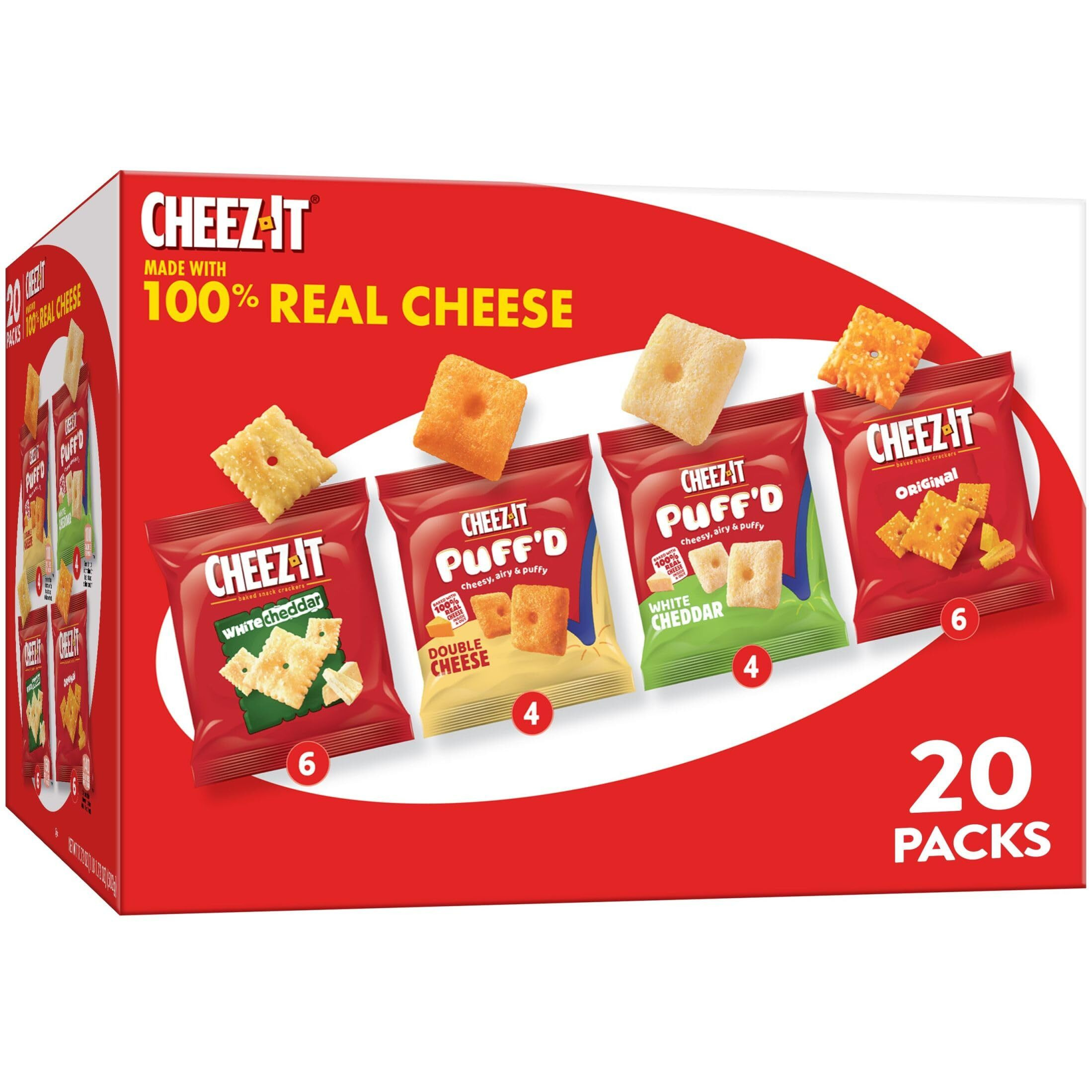 Cheez-It Cheese Crackers, Baked Snack Crackers, Office And Kids Snacks, Variety Pack, 17.72Oz Box (20 Pouches)