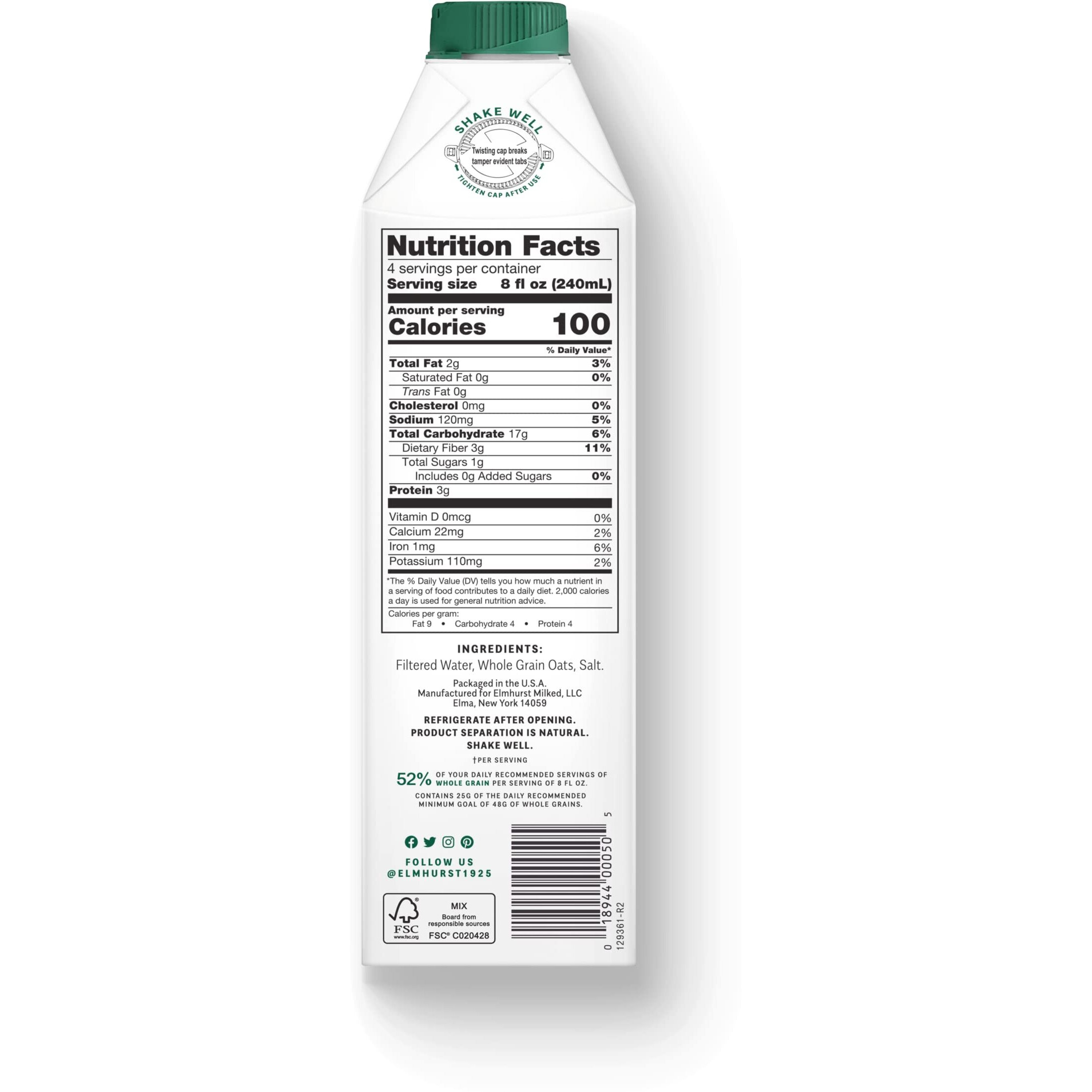 Elmhurst 1925 Milked Oats Unsweetened Oat Milk, 32 Ounce (Pack Of 6)