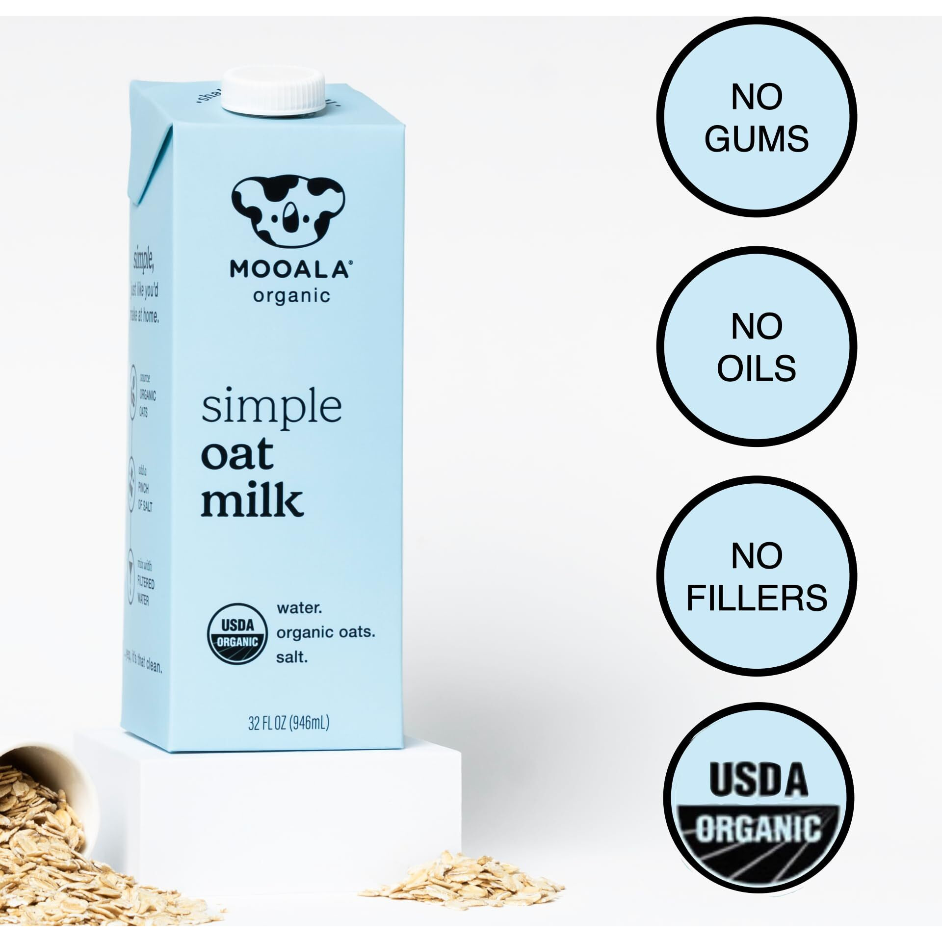 Mooala Organic Simple Oat Milk, 32Oz - 3 Ingredient, Shelf Stable, No Gums, No Oils, No Fillers, Non-Gmo, No Additives, Dairy Free Plant Based Milk, 6 Pack