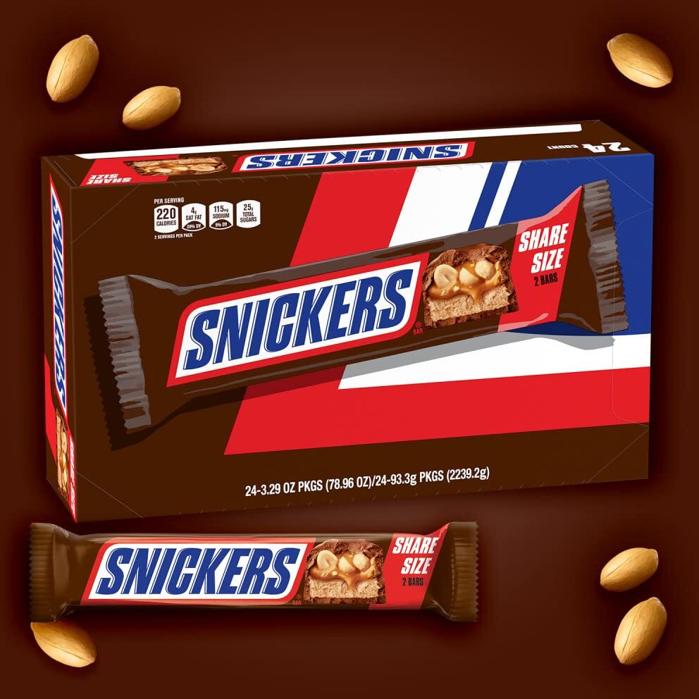 Snickers Original Milk Chocolate Trick Or Treat Halloween Candy Bars Individually Wrapped Share Size Candy Bars, 3.29 Oz Packs, 24 Ct