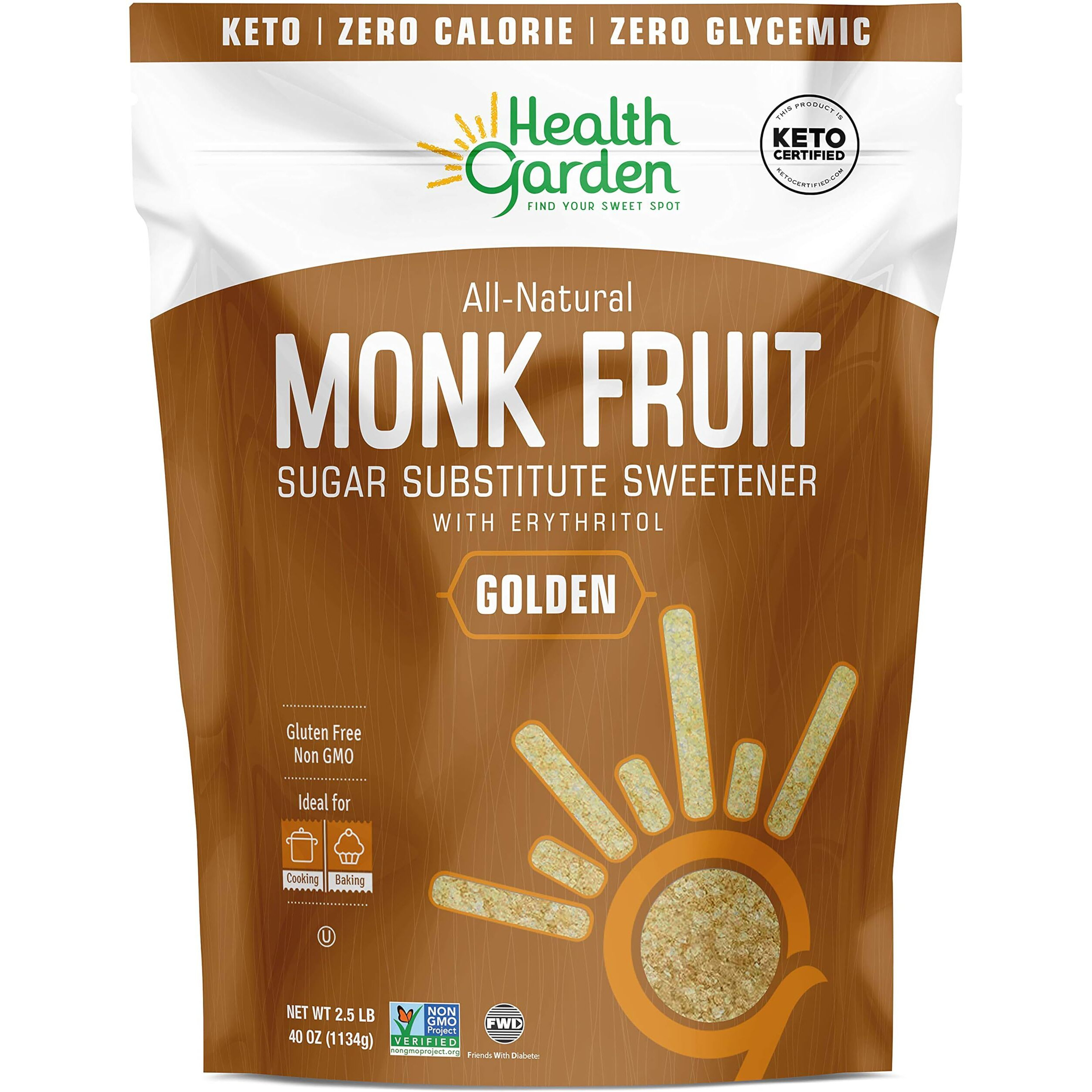 Health Garden Monk Fruit Sweetener, Golden- Non Gmo - Gluten Free - 11 Sugar Substitute - Kosher - Keto Friendly (2.5 Lbs)