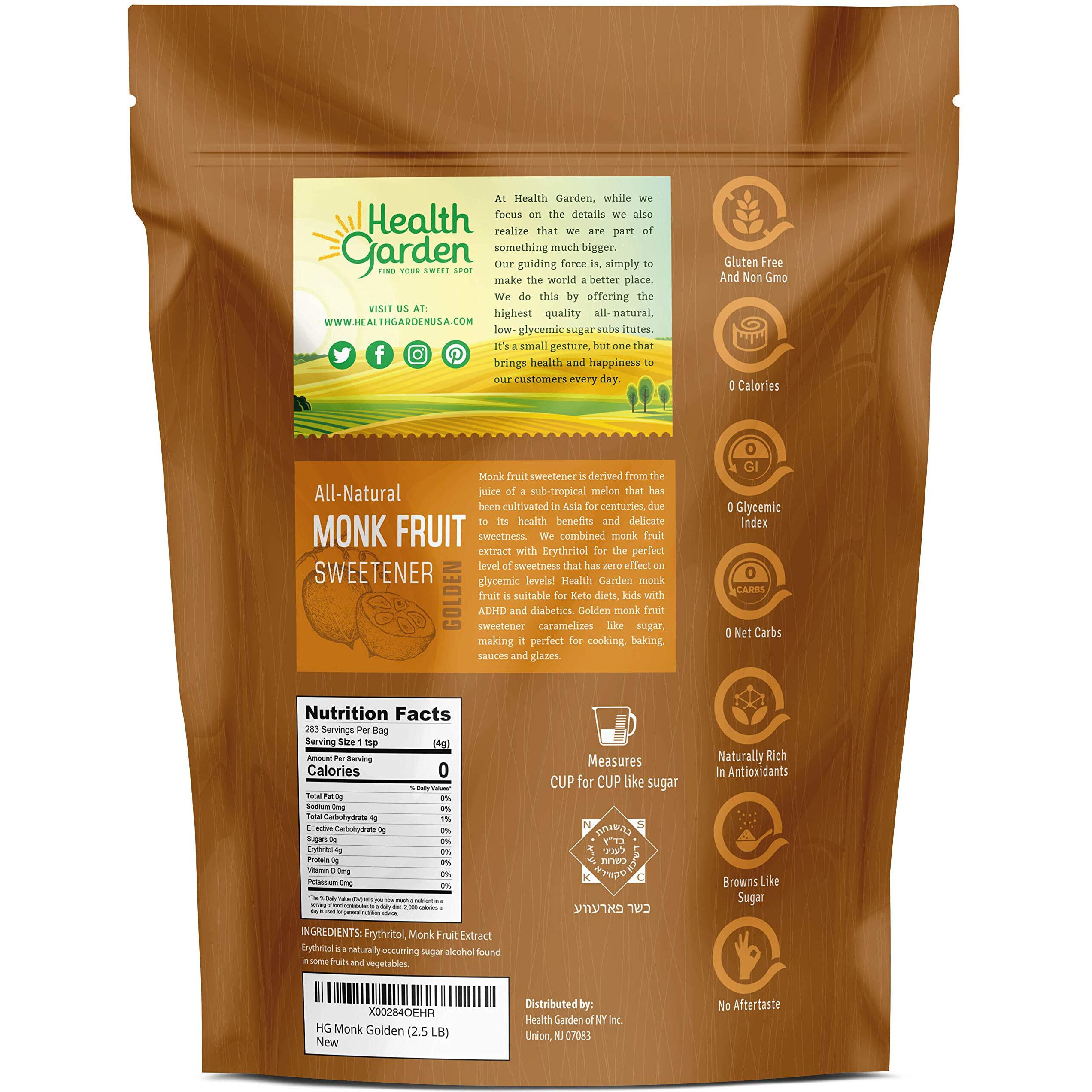 Health Garden Monk Fruit Sweetener, Golden- Non Gmo - Gluten Free - 11 Sugar Substitute - Kosher - Keto Friendly (2.5 Lbs)