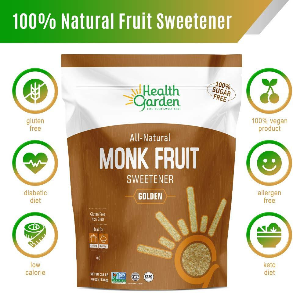 Health Garden Monk Fruit Sweetener, Golden- Non Gmo - Gluten Free - 11 Sugar Substitute - Kosher - Keto Friendly (2.5 Lbs)