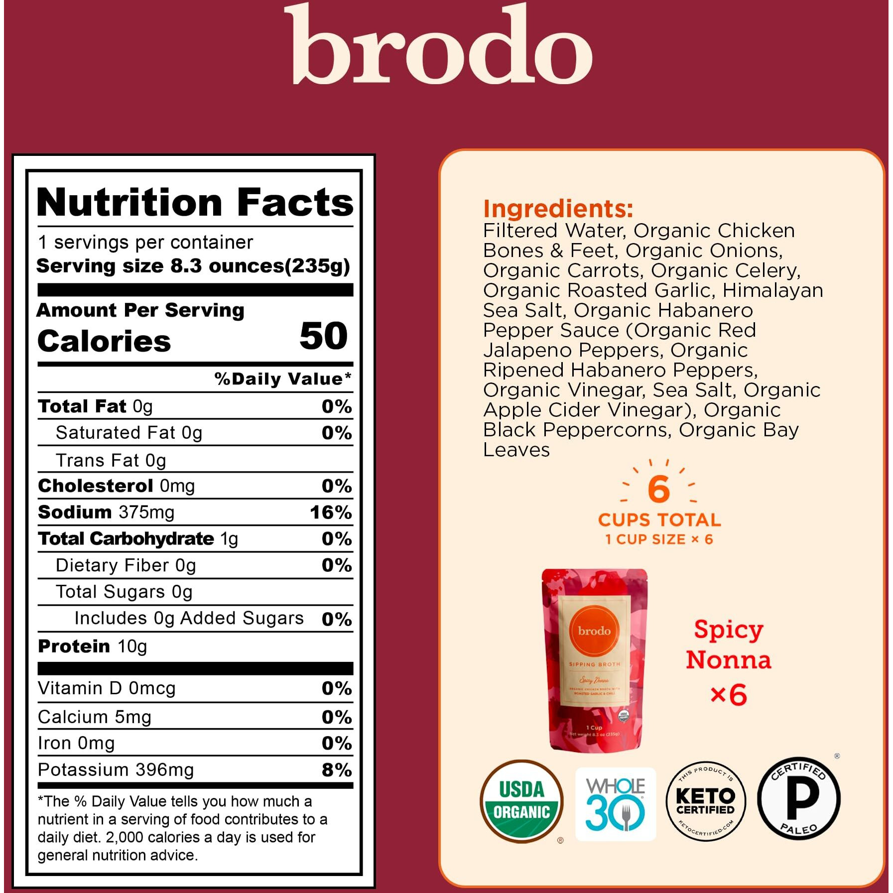 Brodo Spicy Nonna Organic Chicken Broth With Roasted Garlic & Chili | Nutrient Dense, Chef Crafted Bone Broth In Single Serving Pouches | Not Made From Concentrate, No Preservatives (6X 8Oz. Pouches)