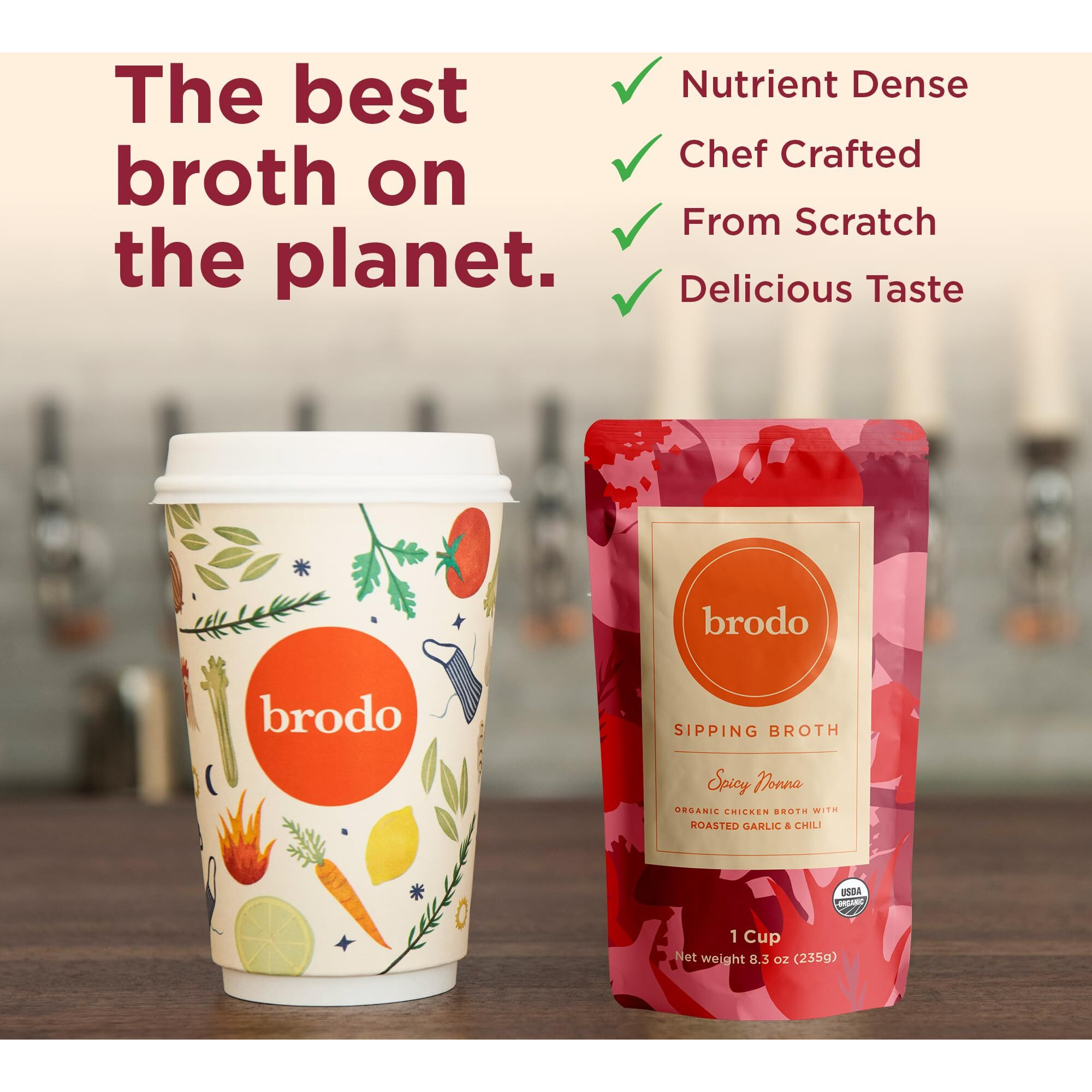 Brodo Spicy Nonna Organic Chicken Broth With Roasted Garlic & Chili | Nutrient Dense, Chef Crafted Bone Broth In Single Serving Pouches | Not Made From Concentrate, No Preservatives (6X 8Oz. Pouches)