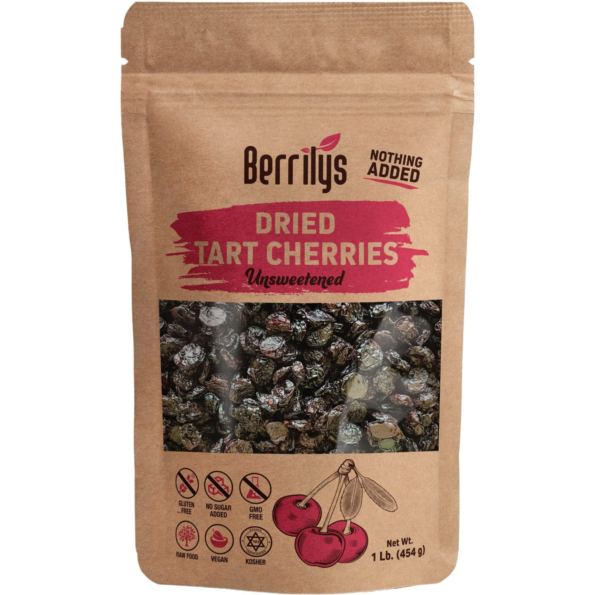 Dried Cherries, Unsweetened, Tart, Berrilys,16 Oz, Pitted, Kosher, Unsulfured, Sour, No Added Sugar, No Preservatives, No Oil, Non-Gmo