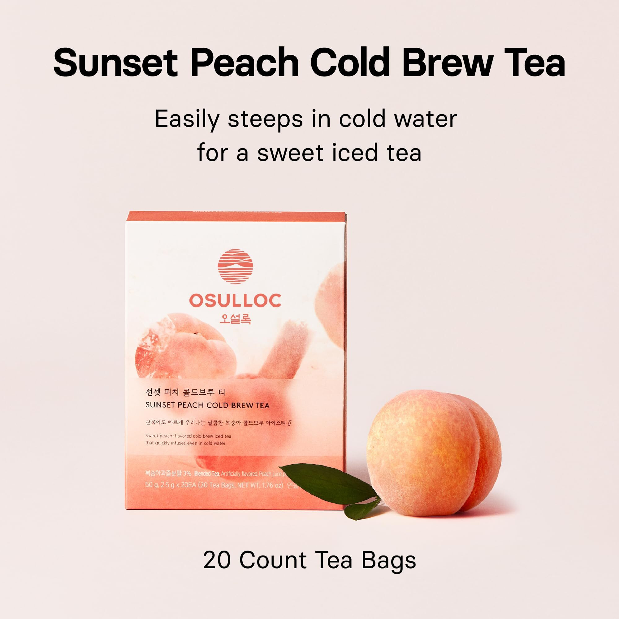Osulloc Sunset Peach Cold Brew Tea, Sweet Peach Flavored Iced Tea, Hydration Tea Packets (20Ea, 1.76Oz)