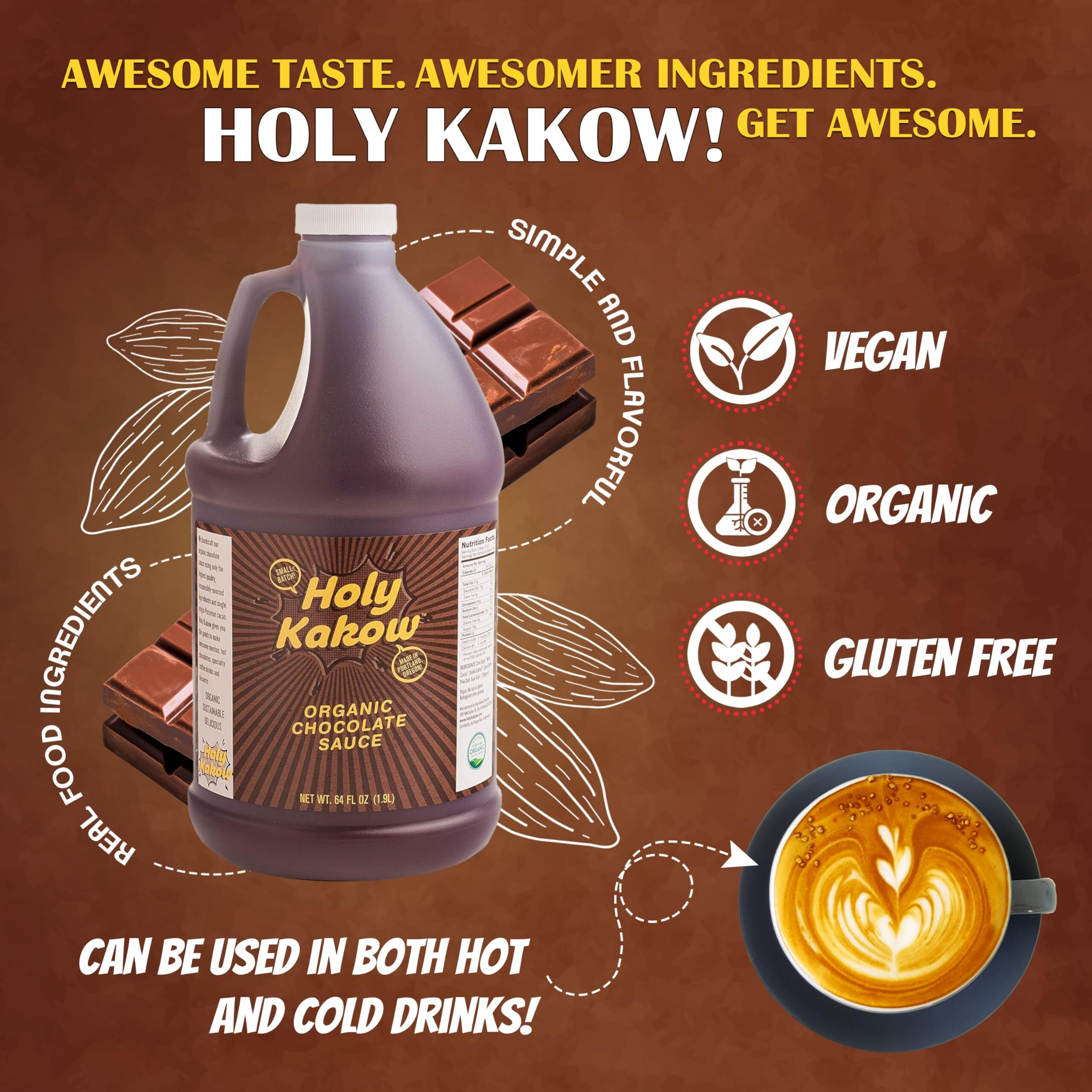 Holy Kakow Organic Chocolate Syrup - Organic Chocolate Sauce, Organic, Add To Mochas, Waffles, & Ice Cream, Made With Colombian Sugar, Real Food Ingredients, Specific Flavor - 64Oz
