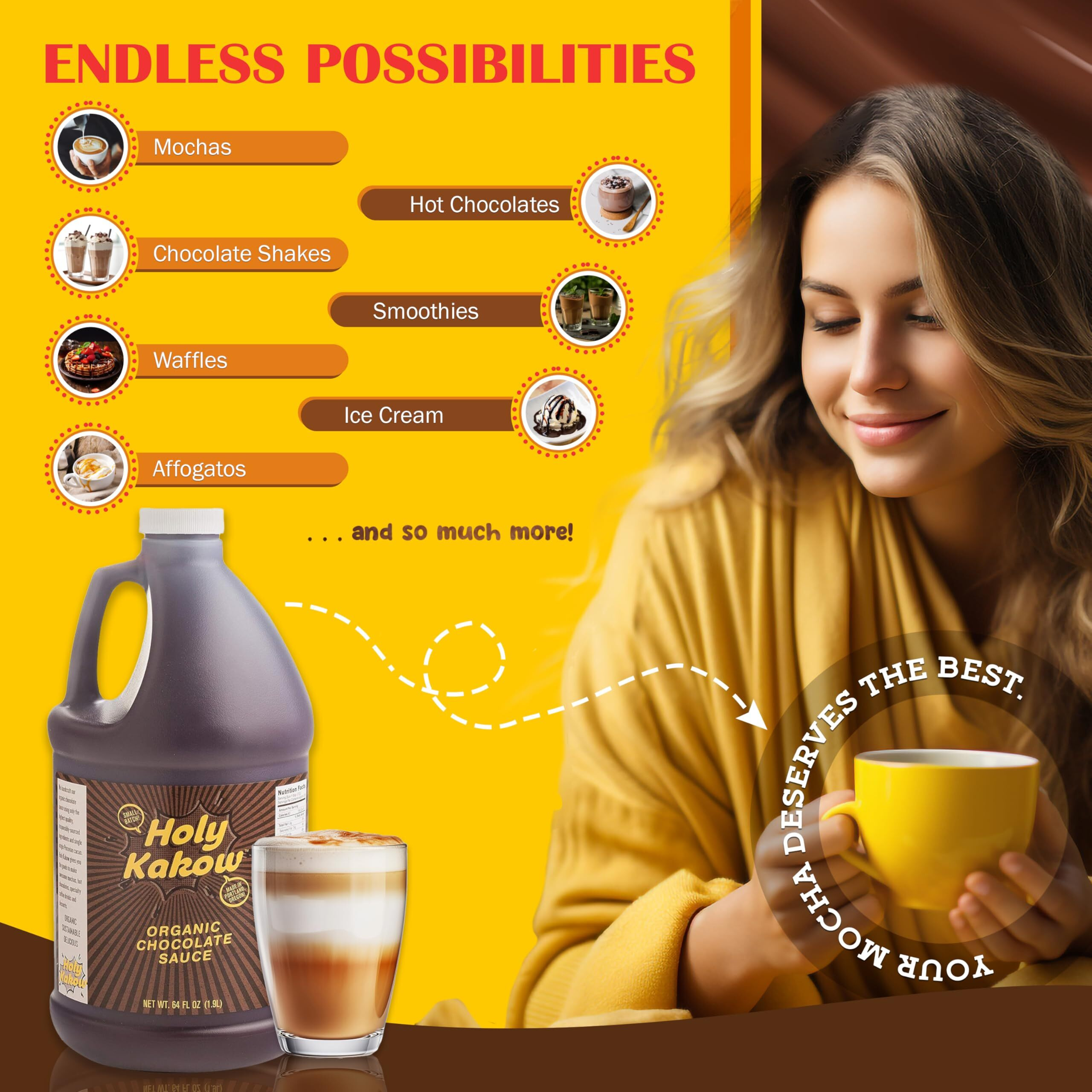 Holy Kakow Organic Chocolate Syrup - Organic Chocolate Sauce, Organic, Add To Mochas, Waffles, & Ice Cream, Made With Colombian Sugar, Real Food Ingredients, Specific Flavor - 64Oz