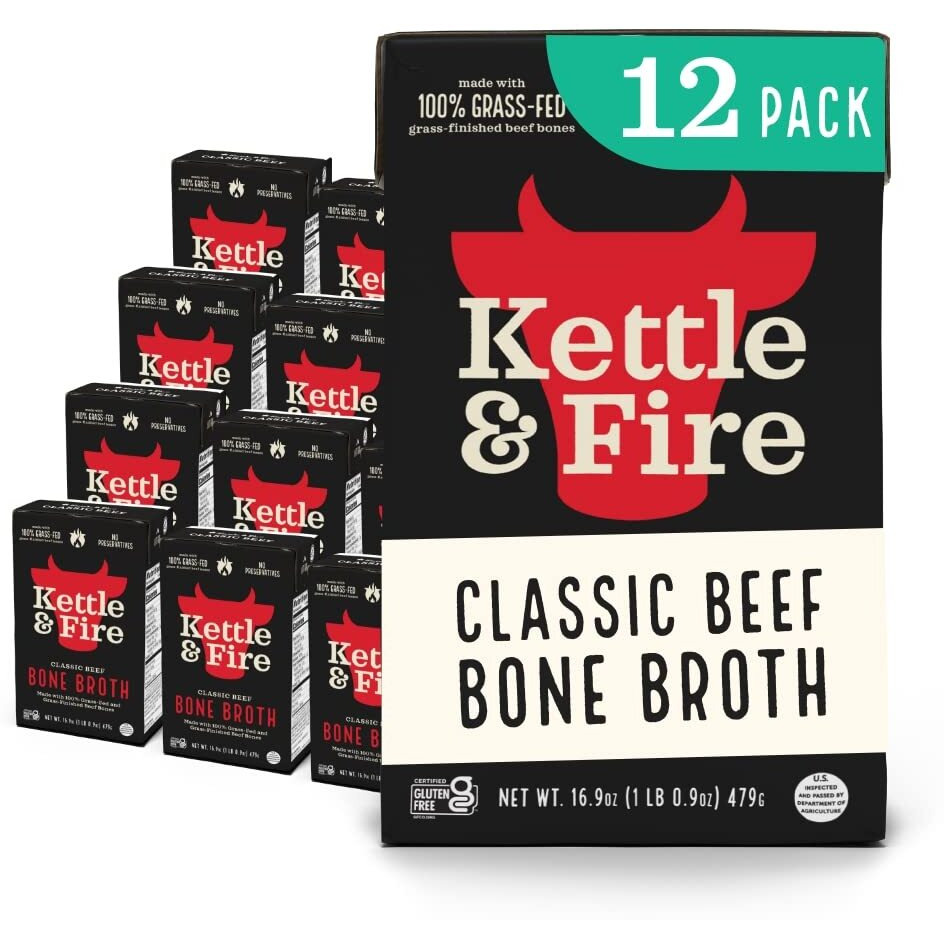 Kettle And Fire Classic Beef Bone Broth, Keto, Paleo, And Whole 30 Approved, Gluten Free, High In Protein And Collagen, 12 Pack