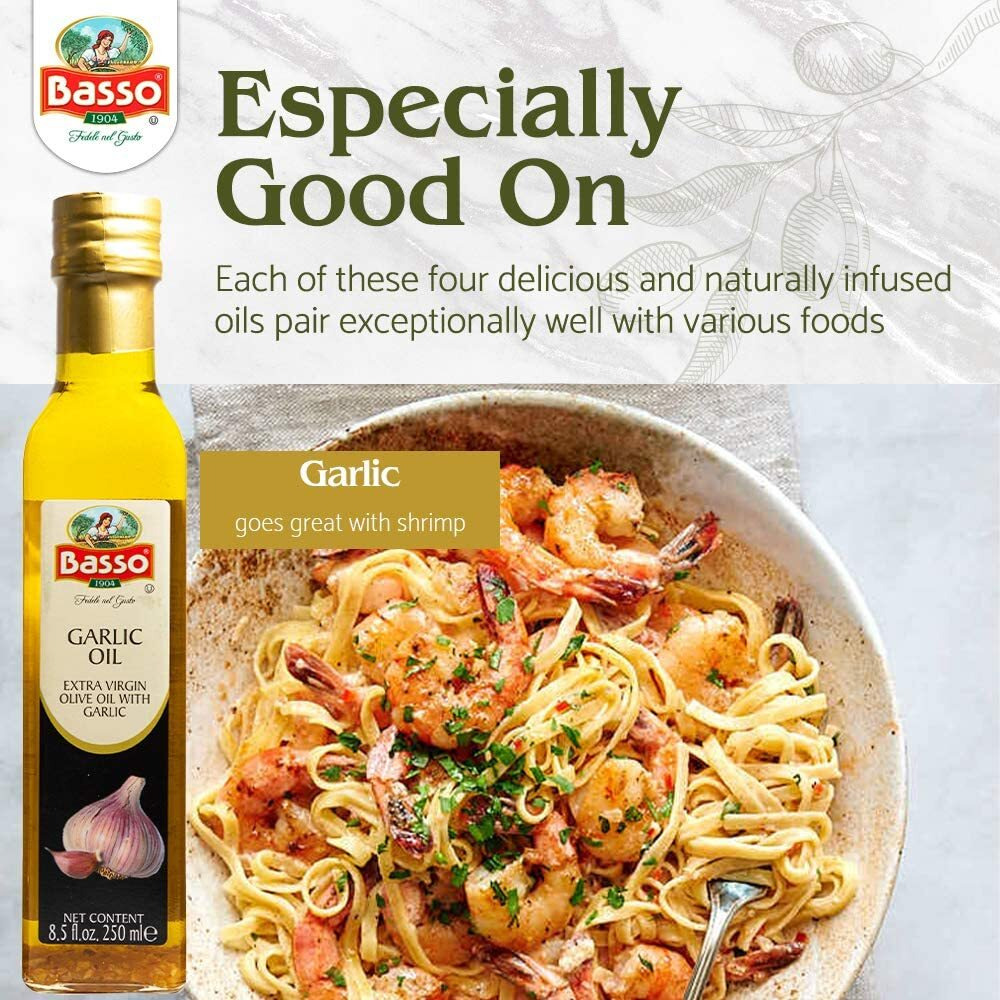 Garlic Oil, Infused Premium Extra Virgin Olive Oil, 8.5 Fl Oz (250 Ml), Cooking, Dipping, Dressing, And Tasting, Basso 1904 (Garlic)