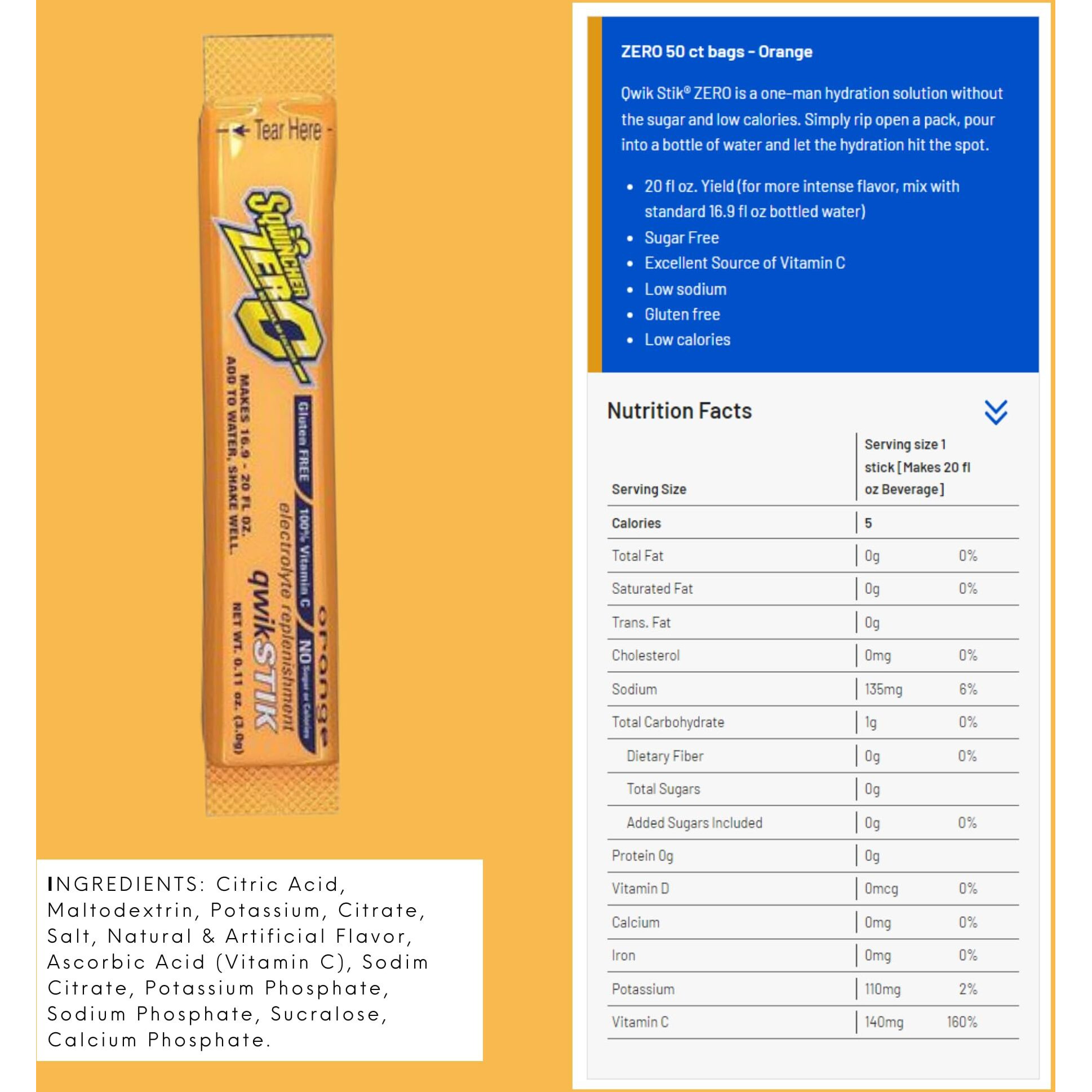 Sqwincher Stik Qwik Beverage 20Oz Yield Orange Quik Stick Zero -1 Pack Of 50