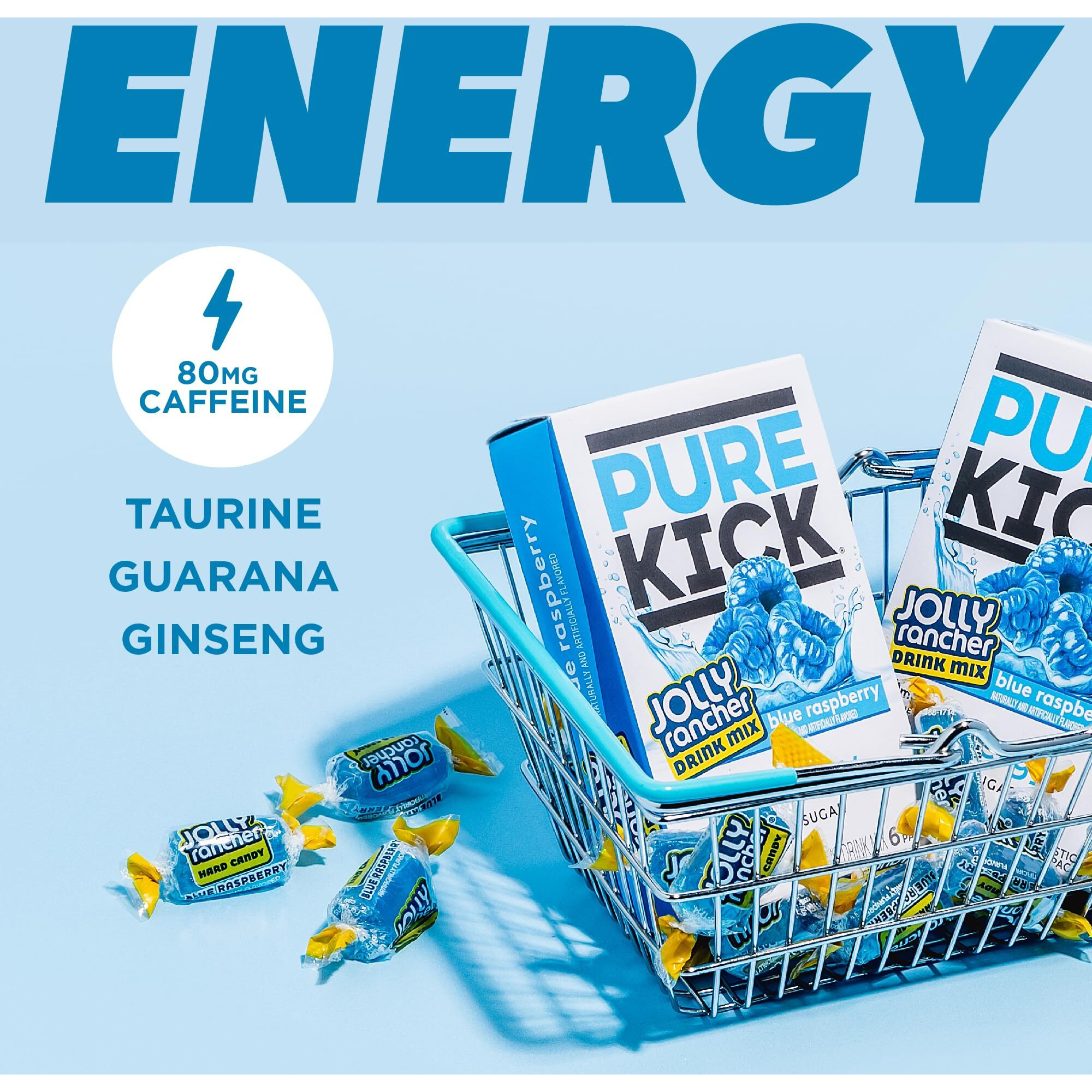 Pure Kick Energy Singles To Go Drink Mix, Jolly Rancher Blue Raspberry, Includes 12 Boxes With 6 Packets In Each Box, 72 Total Packets