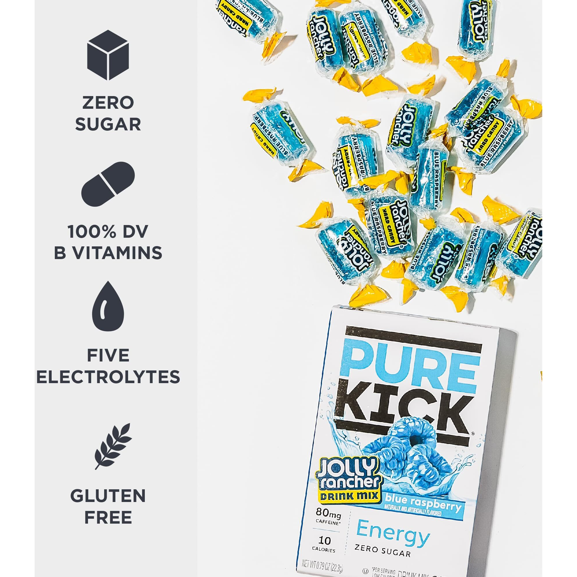 Pure Kick Energy Singles To Go Drink Mix, Jolly Rancher Blue Raspberry, Includes 12 Boxes With 6 Packets In Each Box, 72 Total Packets