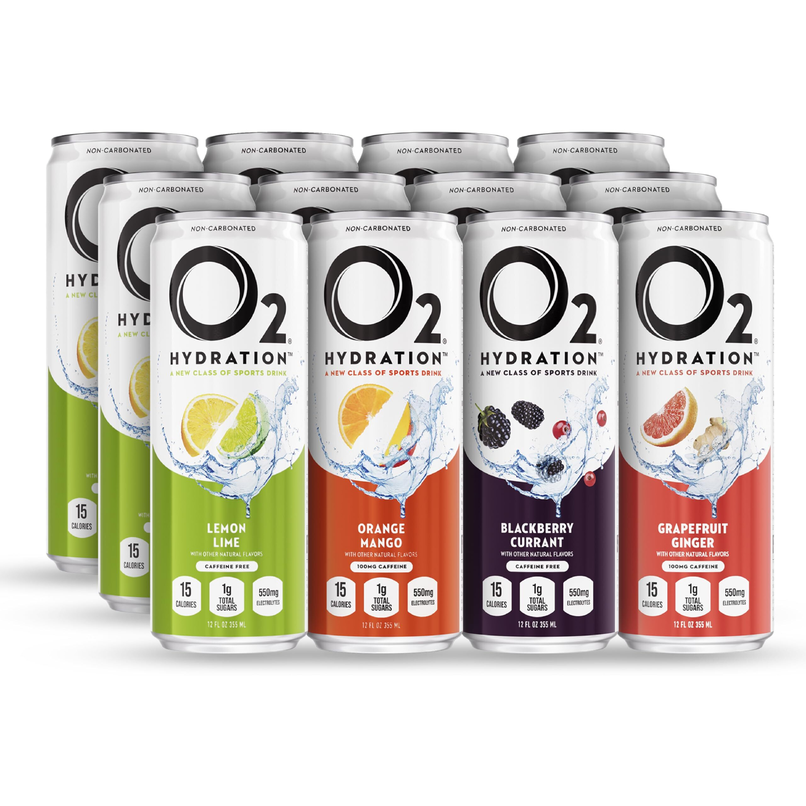 O2 Oxygenated Sports Recovery Drink | 120% More Electrolytes Than Standard Sports Drinks | Variety Pack | Non-Carbonated Electrolyte Drink | Post Workout Recovery Drink | 12 Oz Cans (12 Pack)