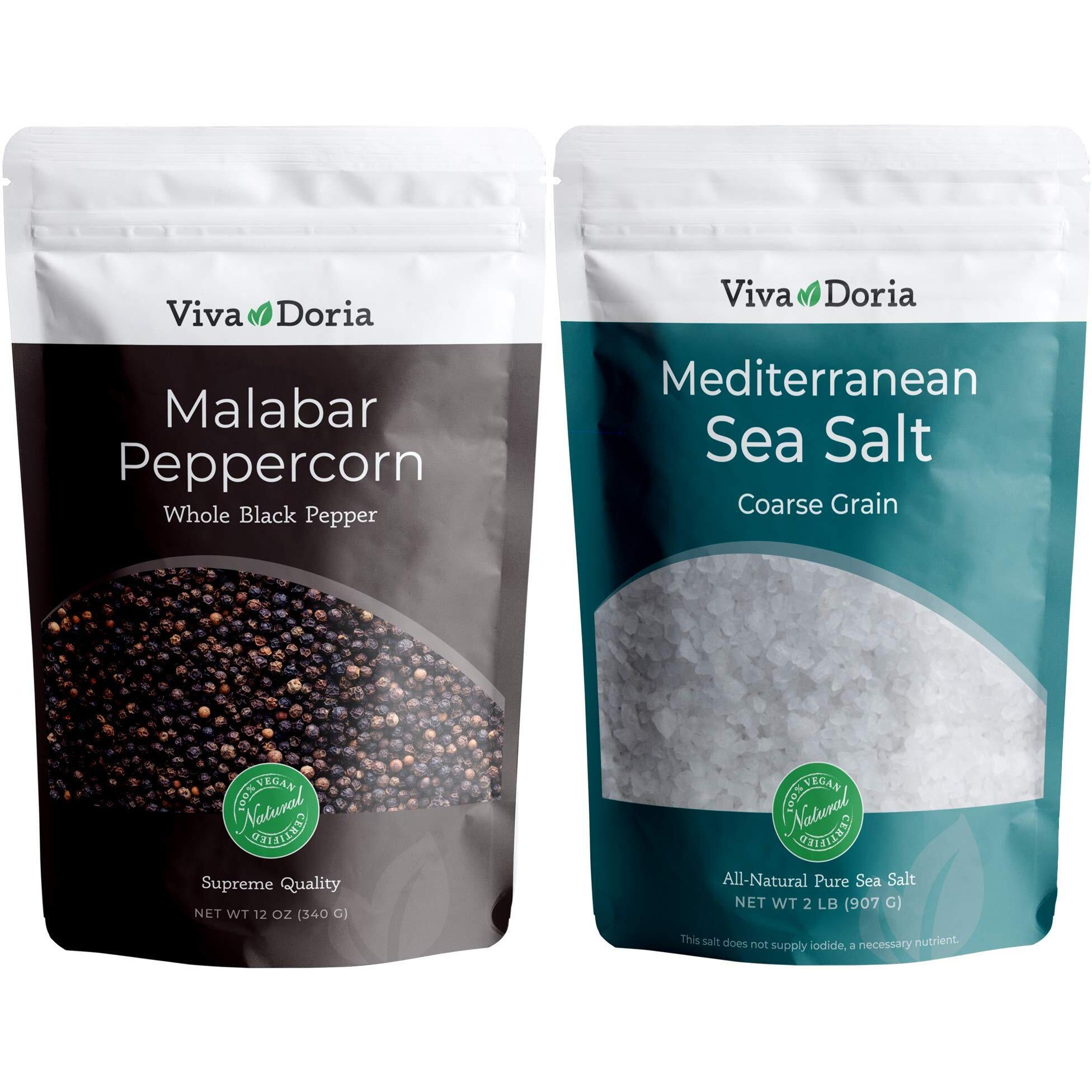 Viva Doria Malabar Peppercorn - Steam Sterilized Whole Black Pepper, 12 Oz Black Peppercorns And Viva Doria Mediterranean Sea Salt, Coarse Grain, 2 Lb For Grinder Refills