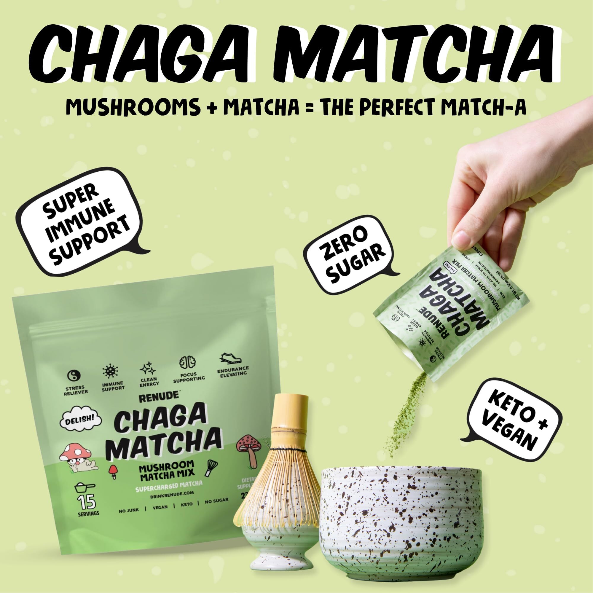 Renude Chaga Matcha - Ceremonial Grade Matcha Superfood Drink Mix With Adaptogens - Mushroom Matcha - Keto, Vegan, And Sugar Free - Natural Energy & Immune Support - (15 Servings)