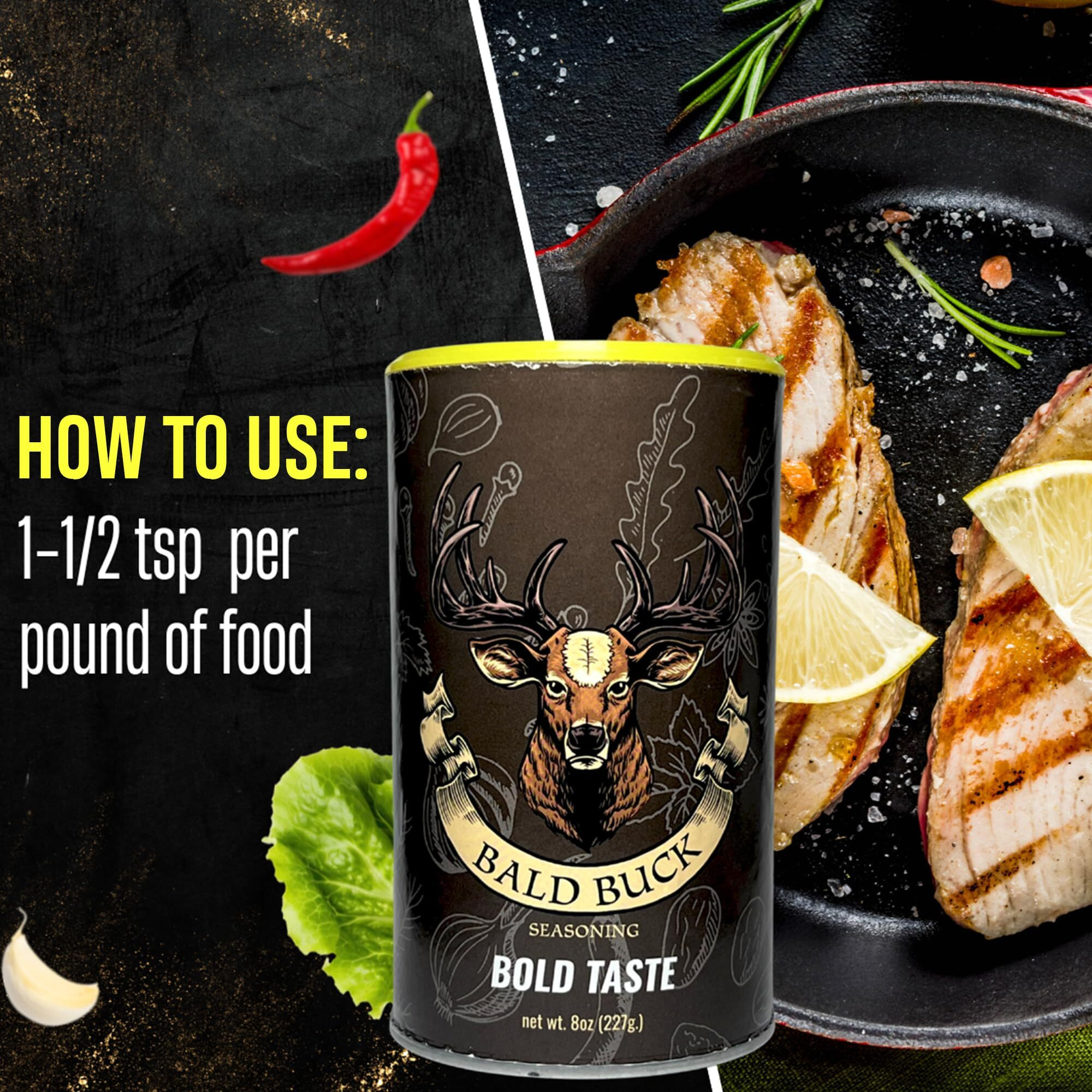 Bald Buck Seasoning Pack Of 2, 8 Oz (1 Bold Taste + 1 Slow Burn) | Rib Rub Bbq Chicken Seasoning | Bbq Seasoning And Rub | Rotisserie Chicken Seasoning & Bbq Rubs For Smoking | Bbq Rub Seasoning