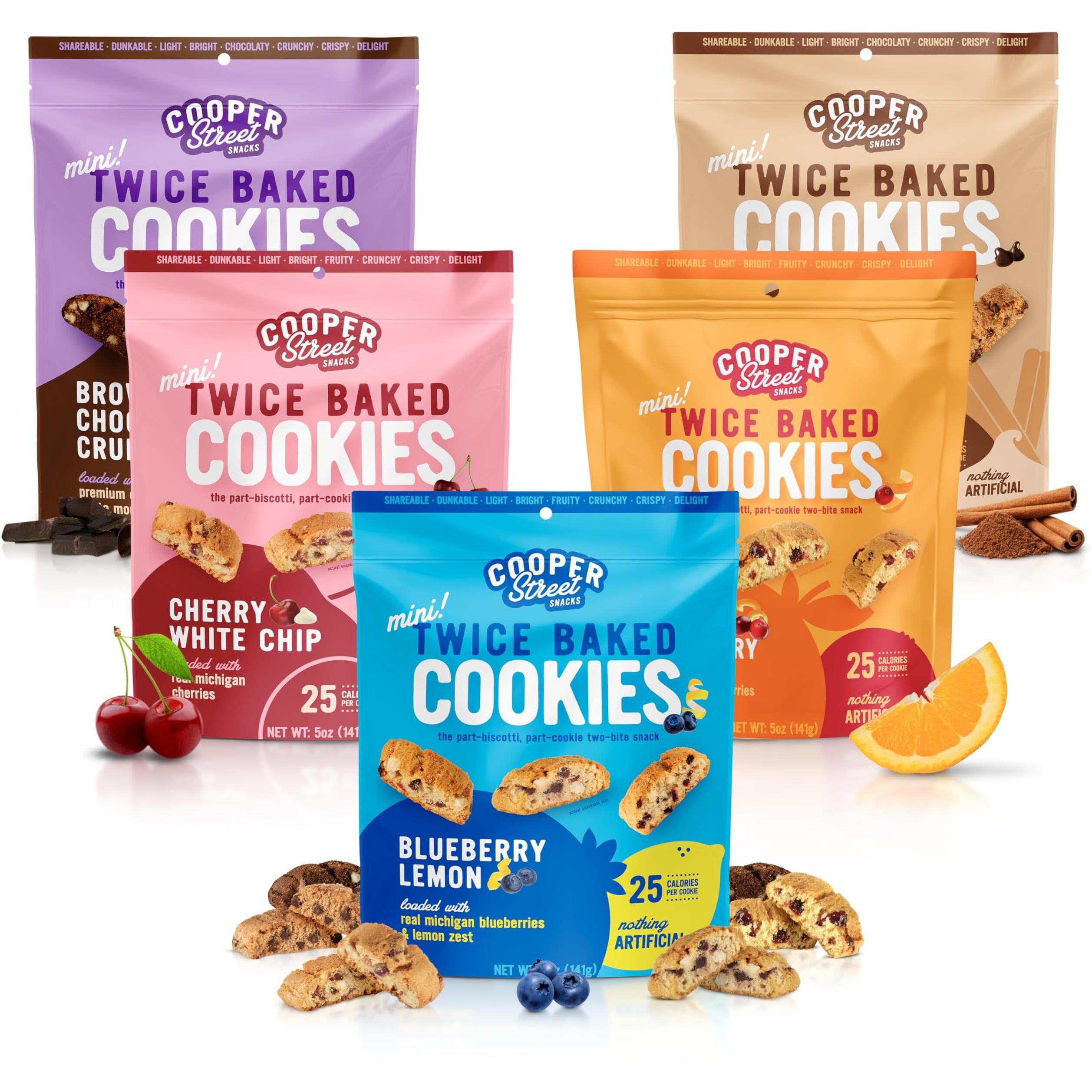 Cooper Street Cookies Twice Baked Italian Biscotti Cookies - Lemon Blueberry, Orange Cranberry, Cherry, Cinnamon Chocolate Chip Crispy Italian Biscotti Cookies - Adults & Kids Snacks Variety Pack Of 5