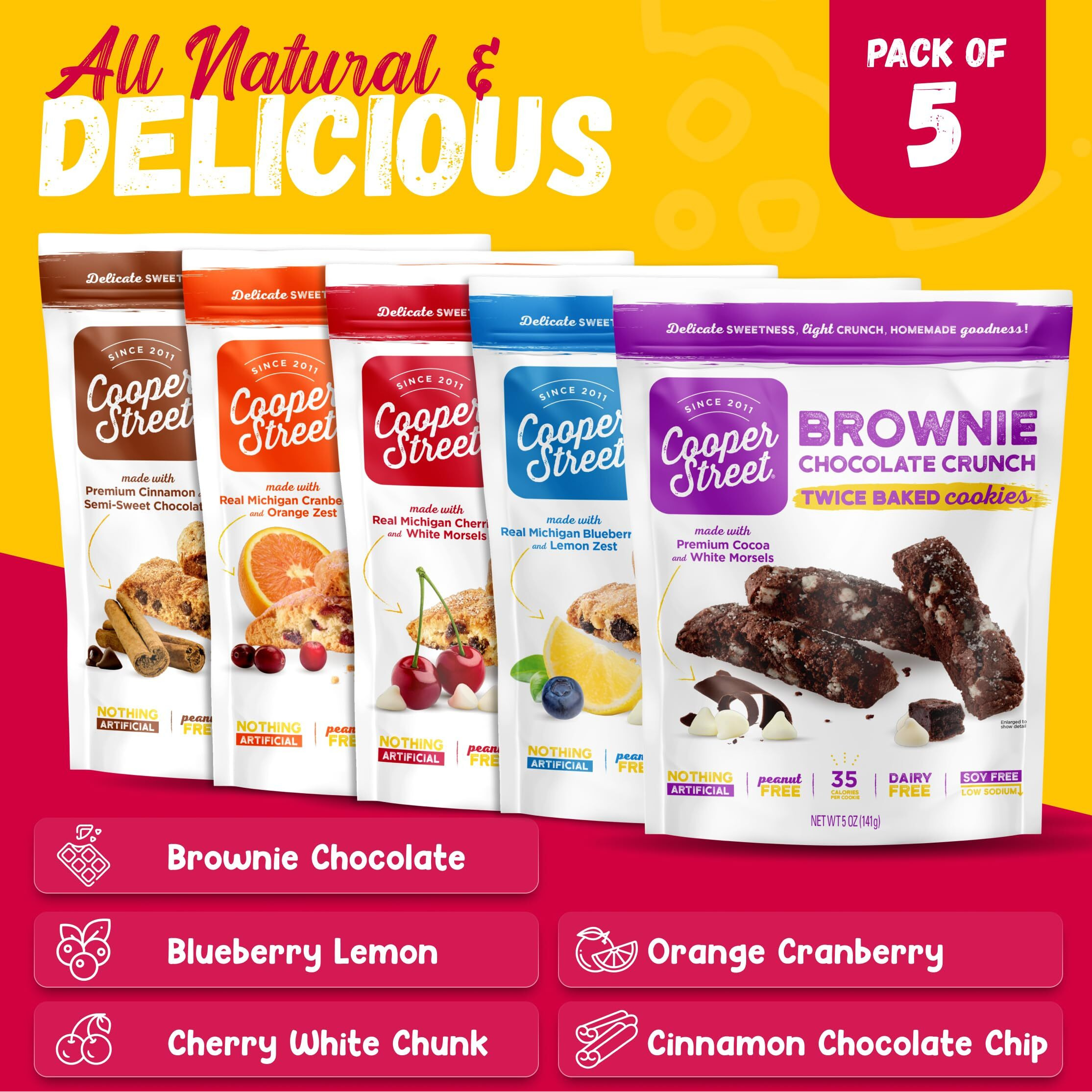 Cooper Street Cookies Twice Baked Italian Biscotti Cookies - Lemon Blueberry, Orange Cranberry, Cherry, Cinnamon Chocolate Chip Crispy Italian Biscotti Cookies - Adults & Kids Snacks Variety Pack Of 5