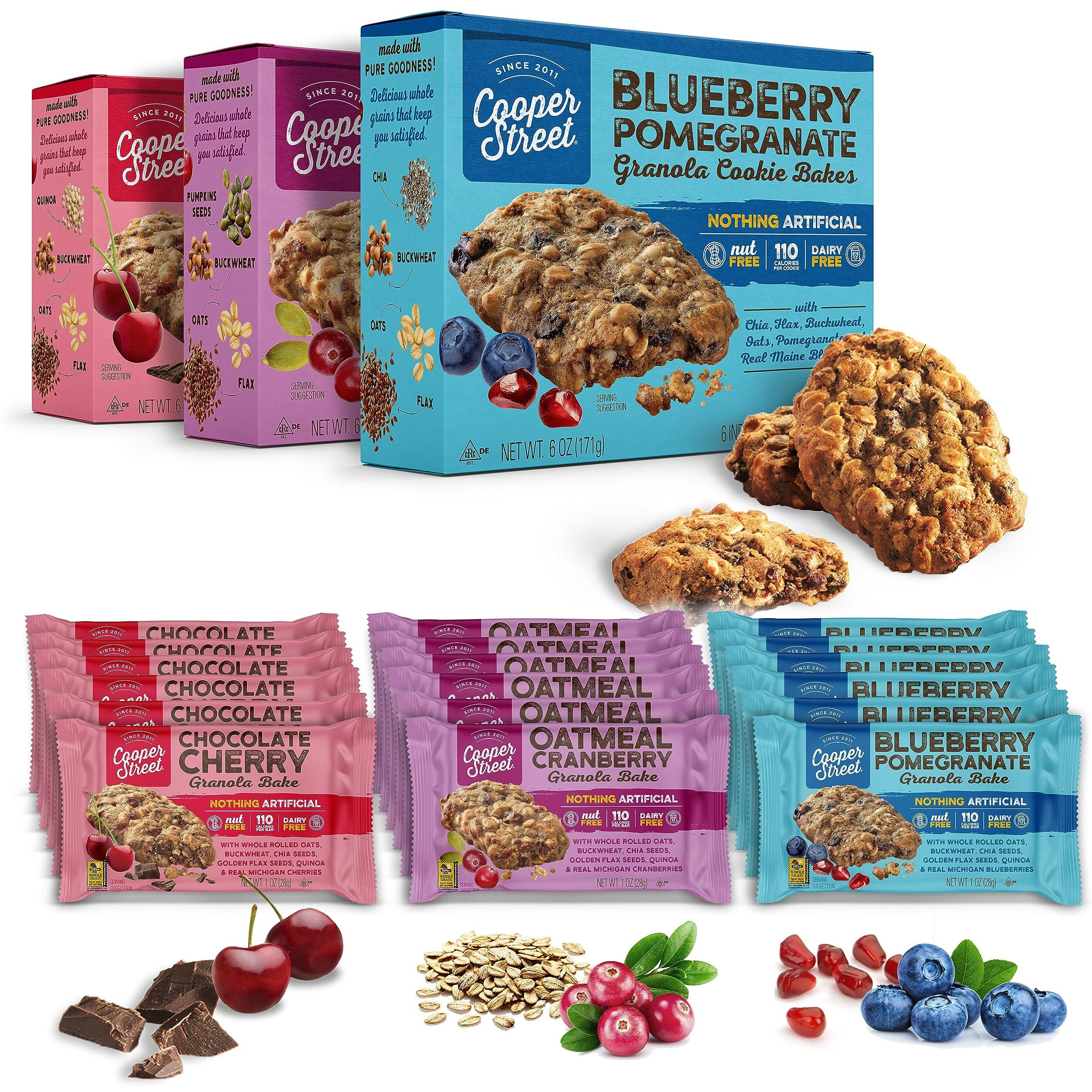 Cooper Street Cookies Healthy Breakfast Bakes, Granola Bars W/Blueberry, Pomegranate, White Chocolate Chip, Cranberry & Cherries, Variety Pack Of 3