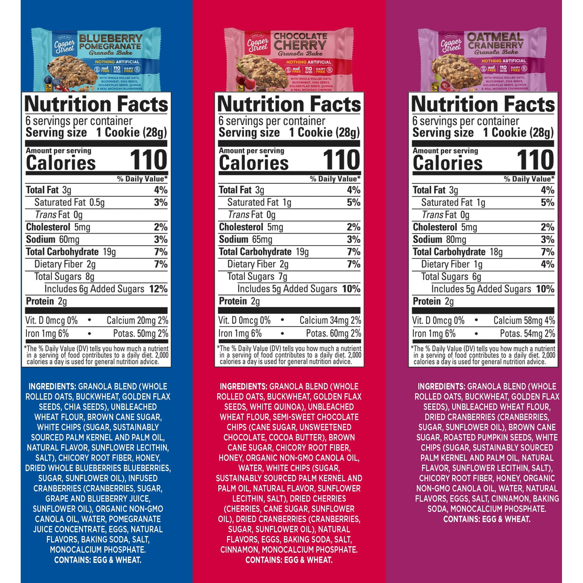 Cooper Street Cookies Healthy Breakfast Bakes, Granola Bars W/Blueberry, Pomegranate, White Chocolate Chip, Cranberry & Cherries, Variety Pack Of 3