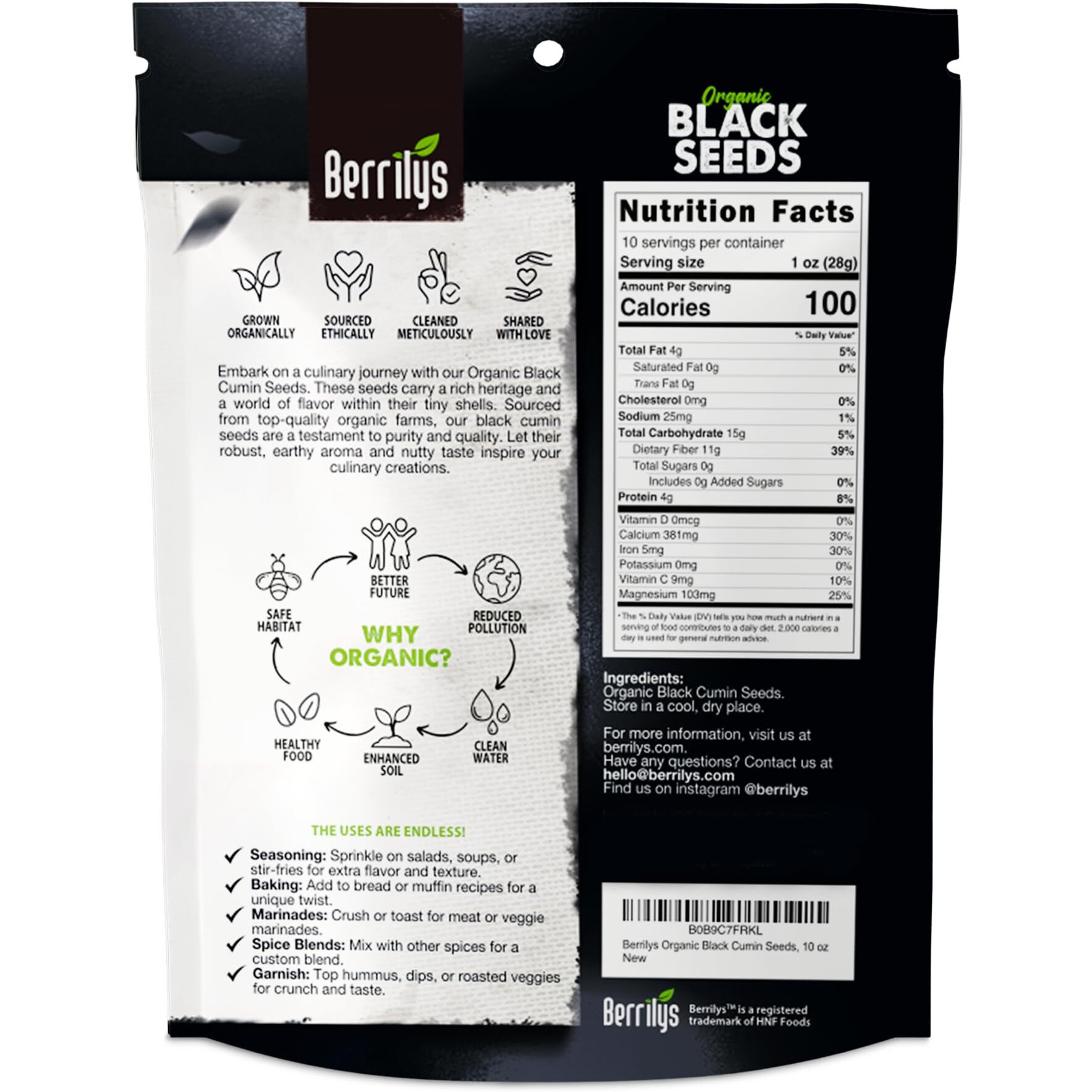 Berrilys Black Seeds - Usda Organic Nigella Sativa, Kalonji & Black Cumin Seeds, Vegan, Gluten-Free - Pure Spice & Health Food, Enhances Flavor Of Dishes, Nutrient-Rich, Premium Quality - 10Oz