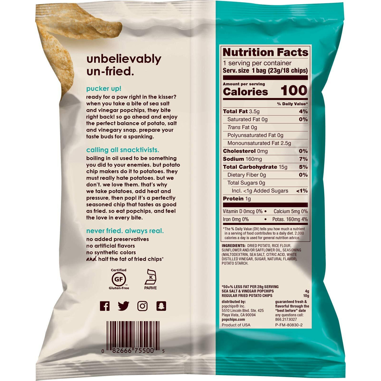 Popchips Sea Salt & Vinegar Potato Chips Single Serve 0.8 Oz Bags (Pack Of 24)