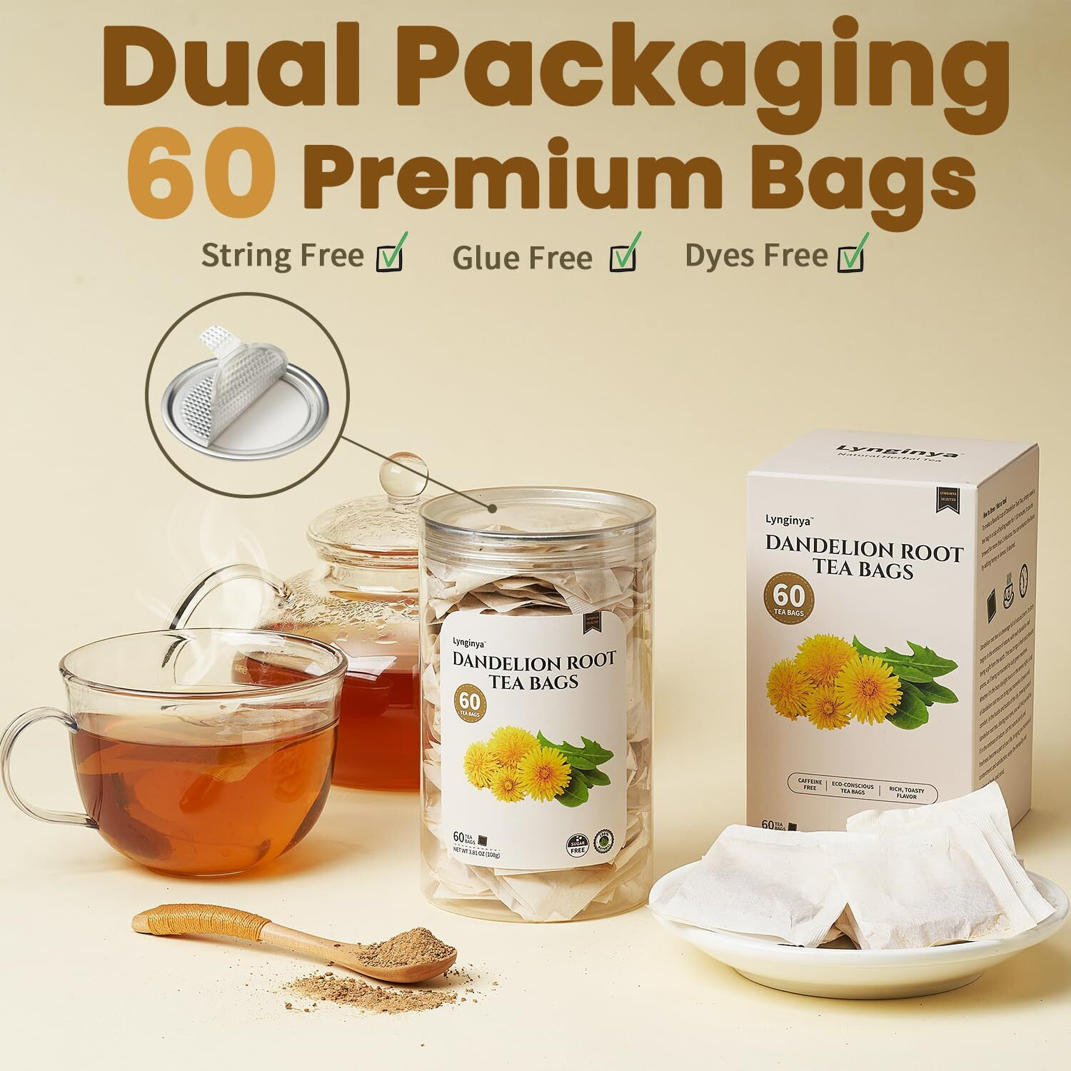 Lynginya Dandelion Root Tea, 60 Tea Bags - Premium Roasted Dandelion Root - Natural Herbal Tea - Rich Flavor Of Dandelion Root - No Sugar & No Caffeine