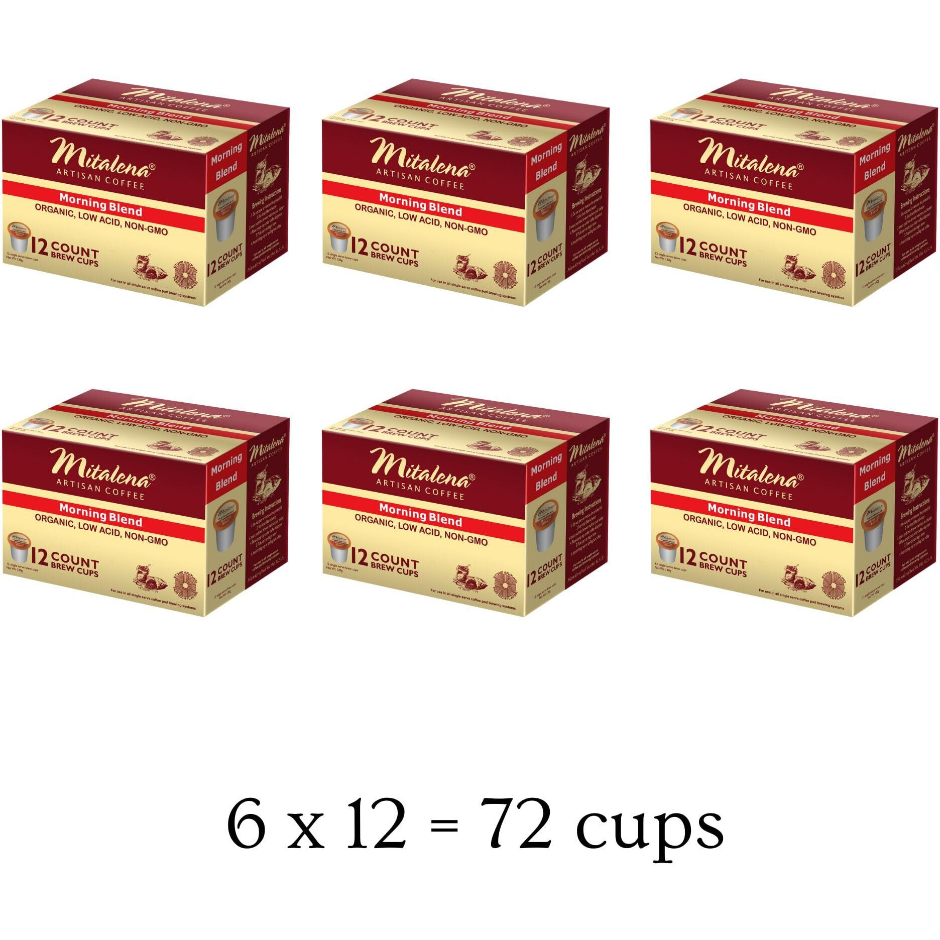 Mitalena Artisan Coffee Morning Blend, Low Acid, Medium Roast, Organic Coffee Pods For Keurig K-Cup Coffee Maker - 72 K Cups - 100% Arabica Gourmet Coffee - Perfect Coffee For Sensitive Stomach