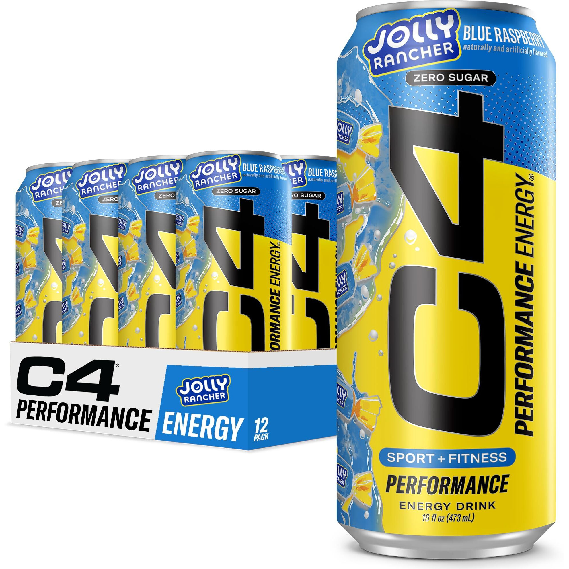 C4 Performance Energy Drink | Jolly Rancher Blue Raspberry | Zero Sugar Carbonated Preworkout Energy | 200Mg Caffeine With Beta Alanine | 16 Fl Oz (12 Pack)