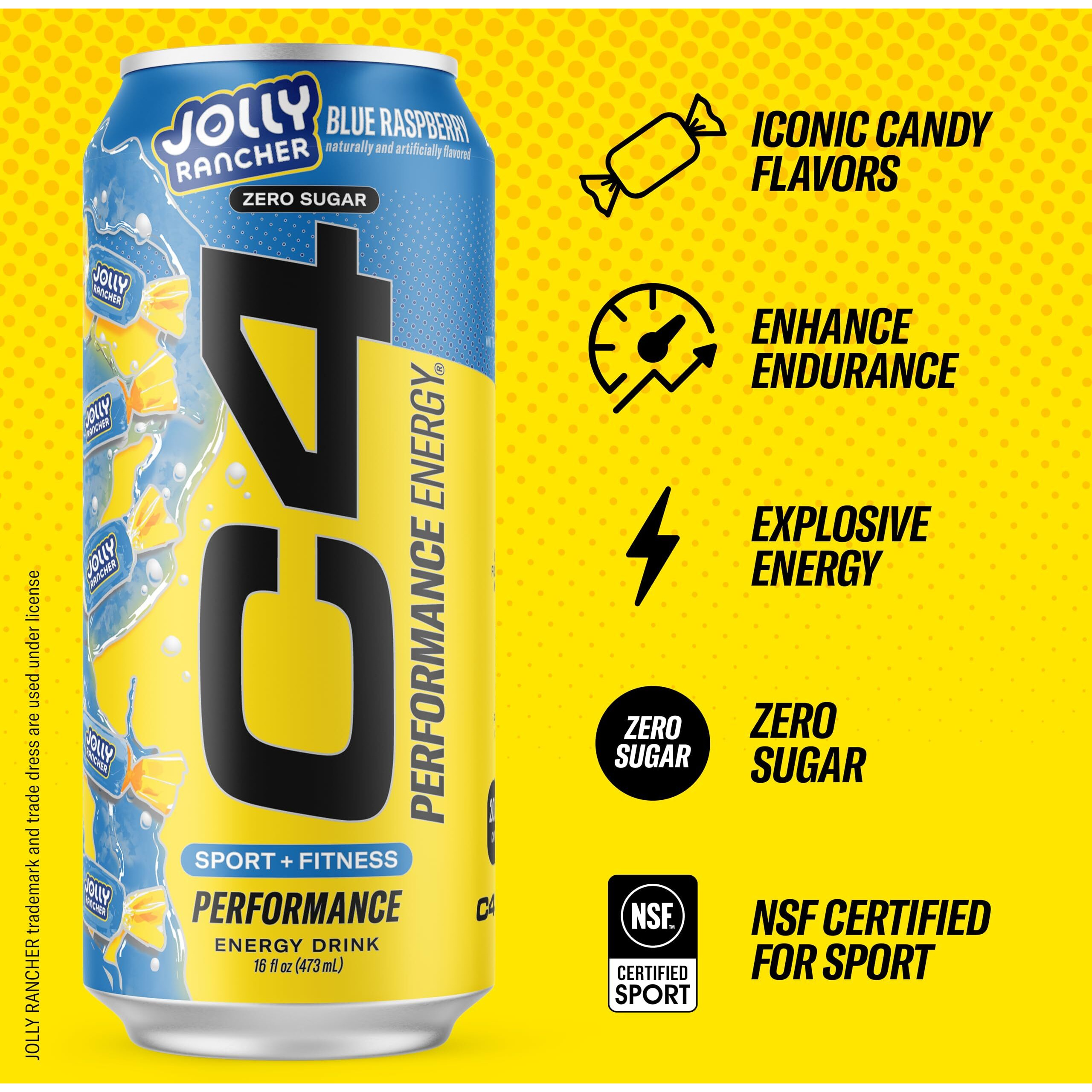 C4 Performance Energy Drink | Jolly Rancher Blue Raspberry | Zero Sugar Carbonated Preworkout Energy | 200Mg Caffeine With Beta Alanine | 16 Fl Oz (12 Pack)